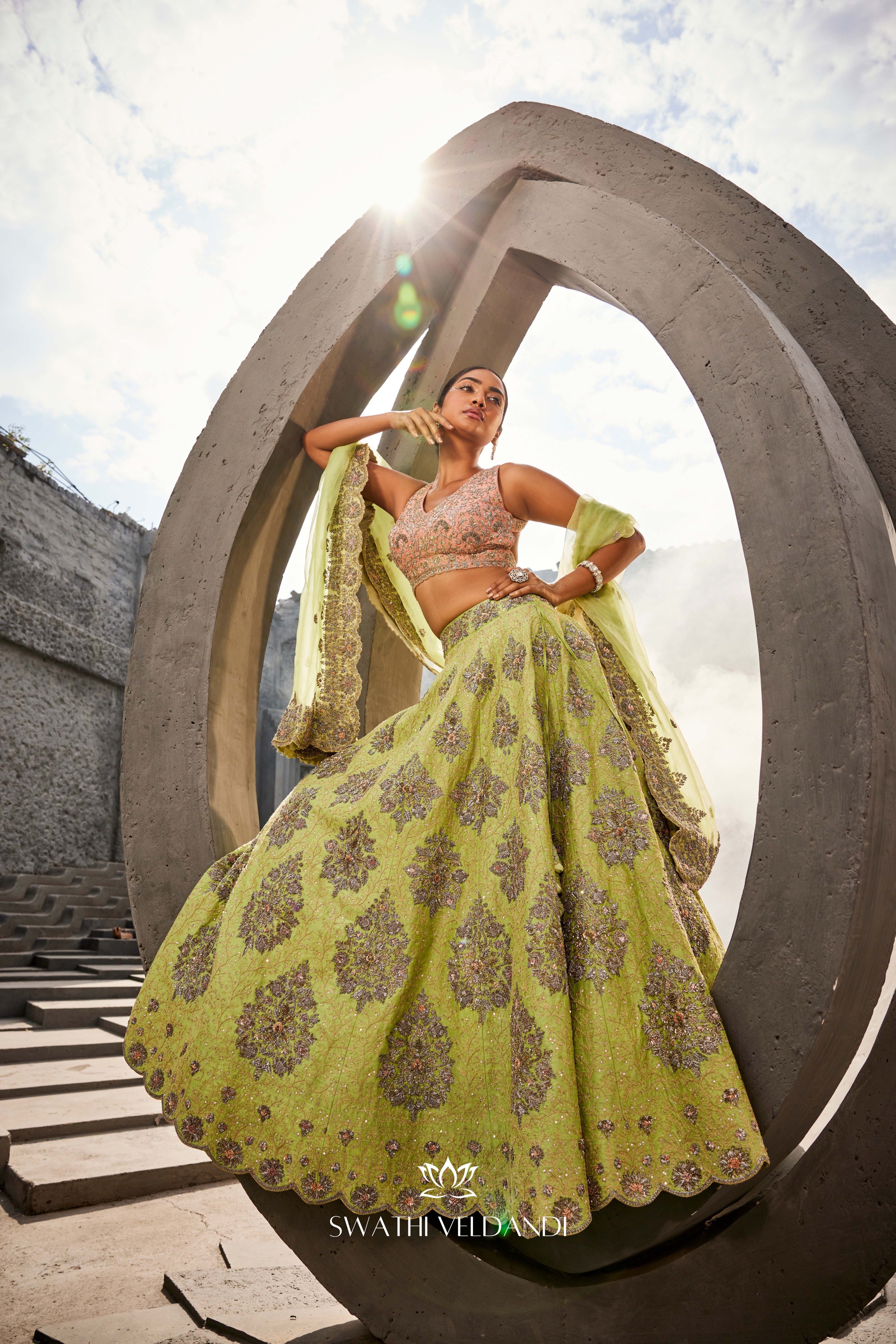 Green-peach lehenga set