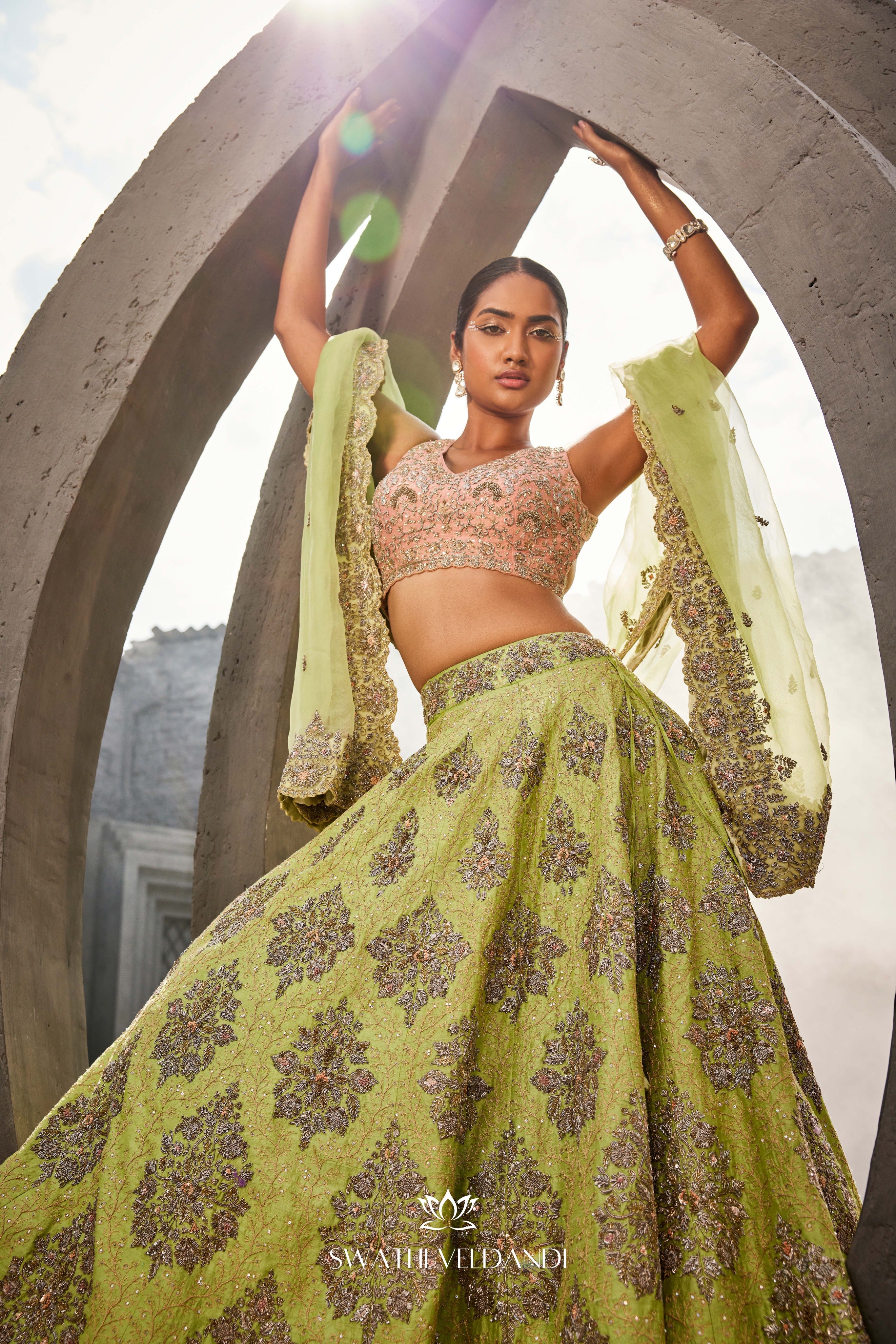 Green-peach lehenga set