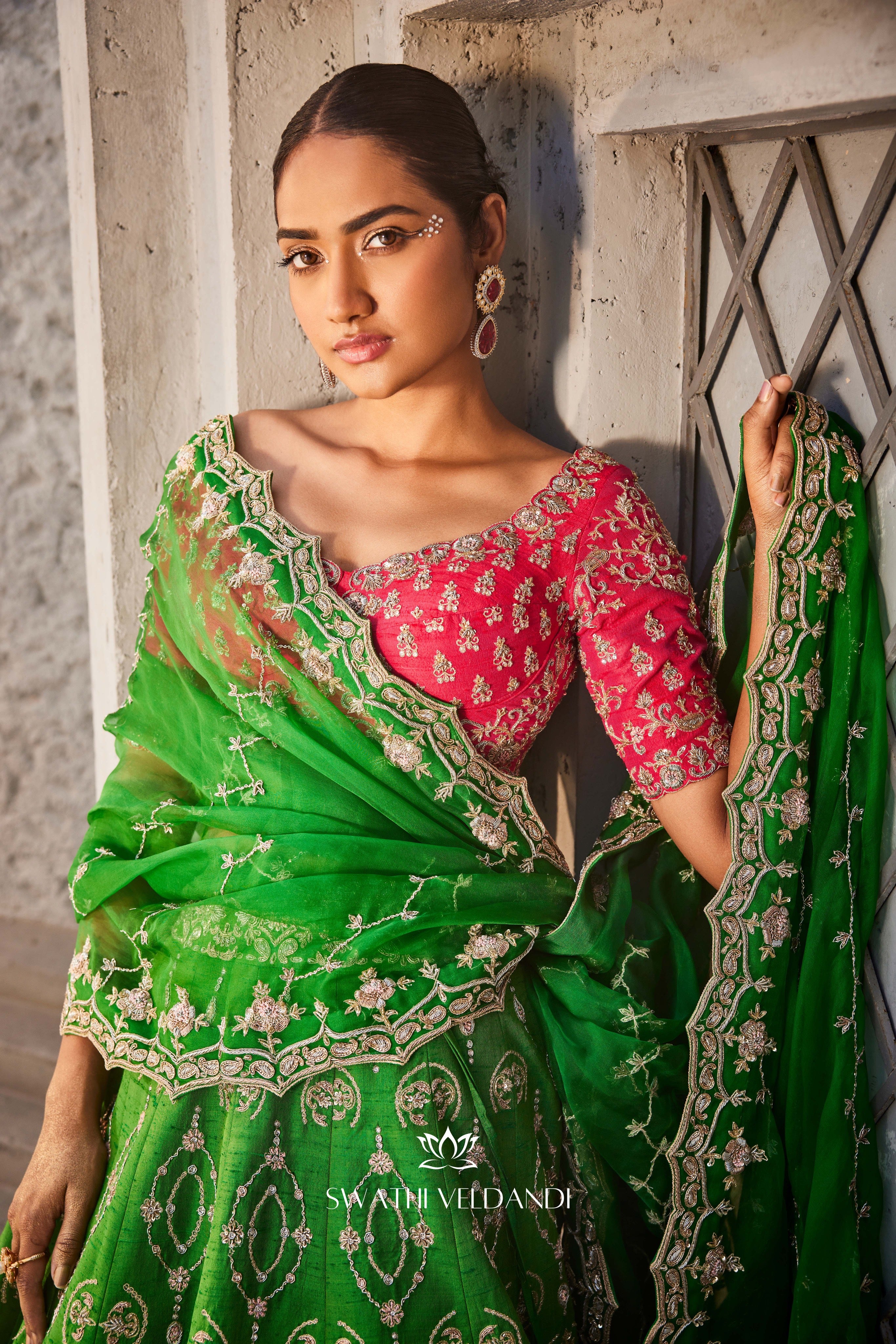 Leaf green hot pink lehenga set