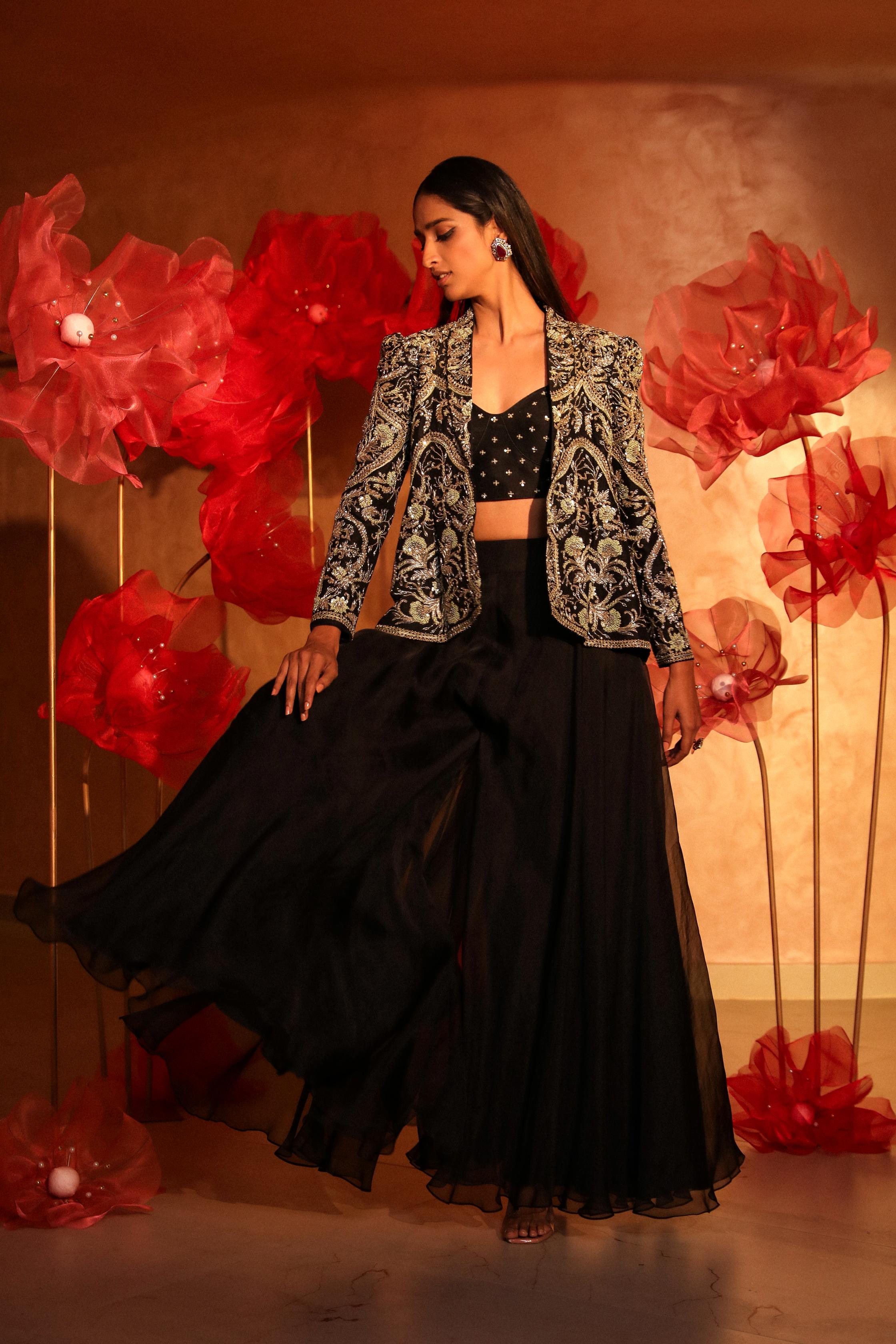 Classy Black Palazzo Set With embroidered Jacket