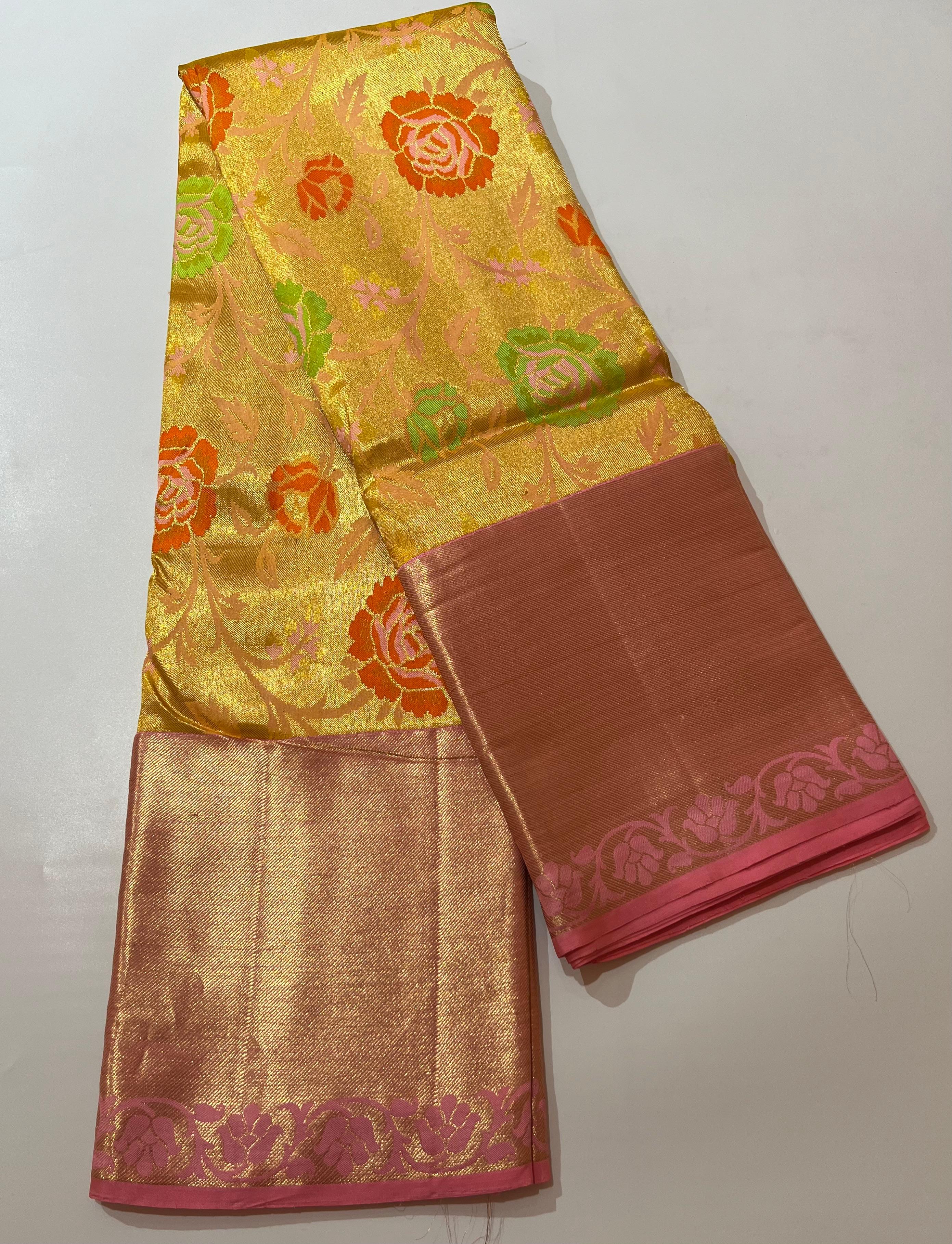 Rose motif Yellow and light Pink Kanjeevaram Silk saree