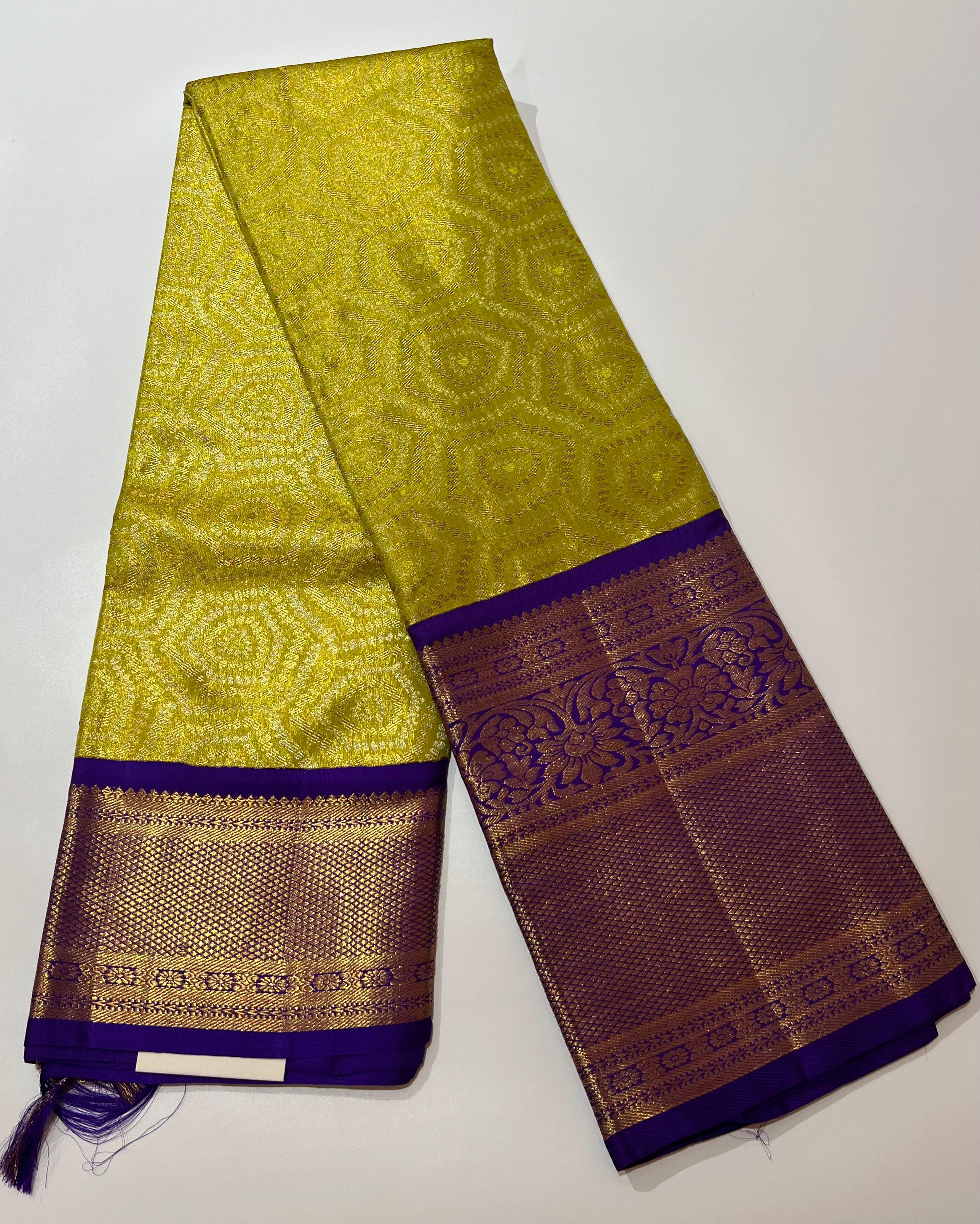 Hexagon pattern greenish yellow and Nevy Blue kanjeevaram silk saree