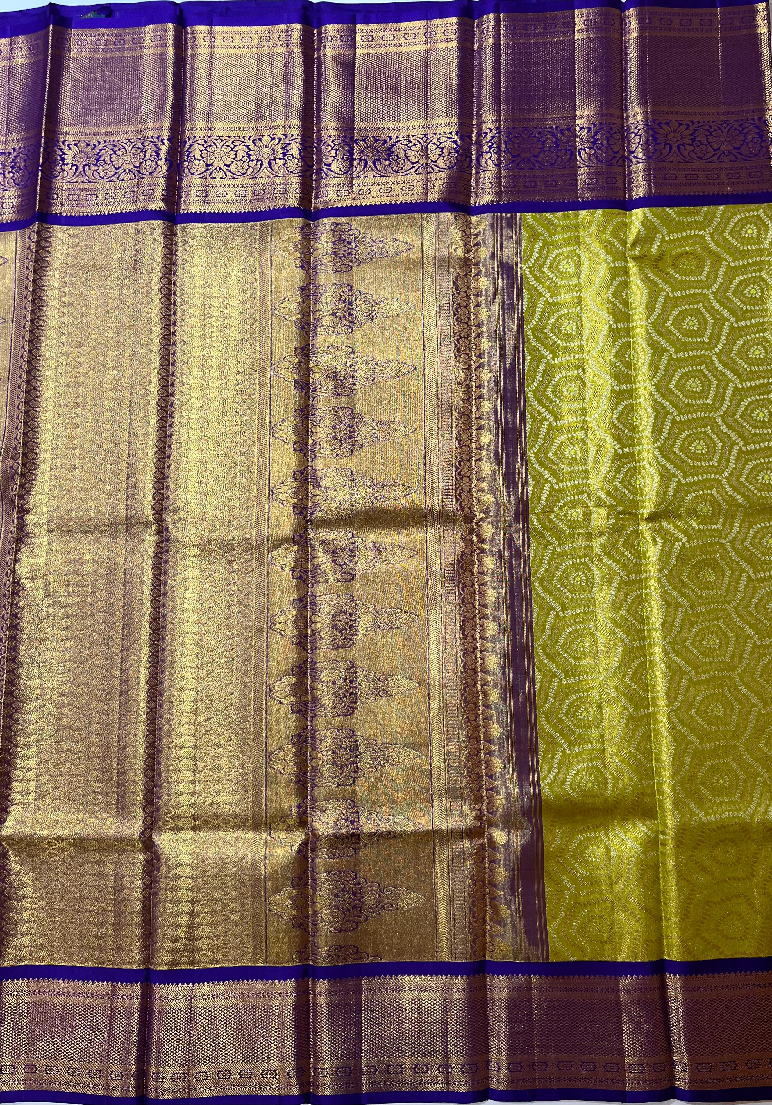 Hexagon pattern greenish yellow and Nevy Blue kanjeevaram silk saree