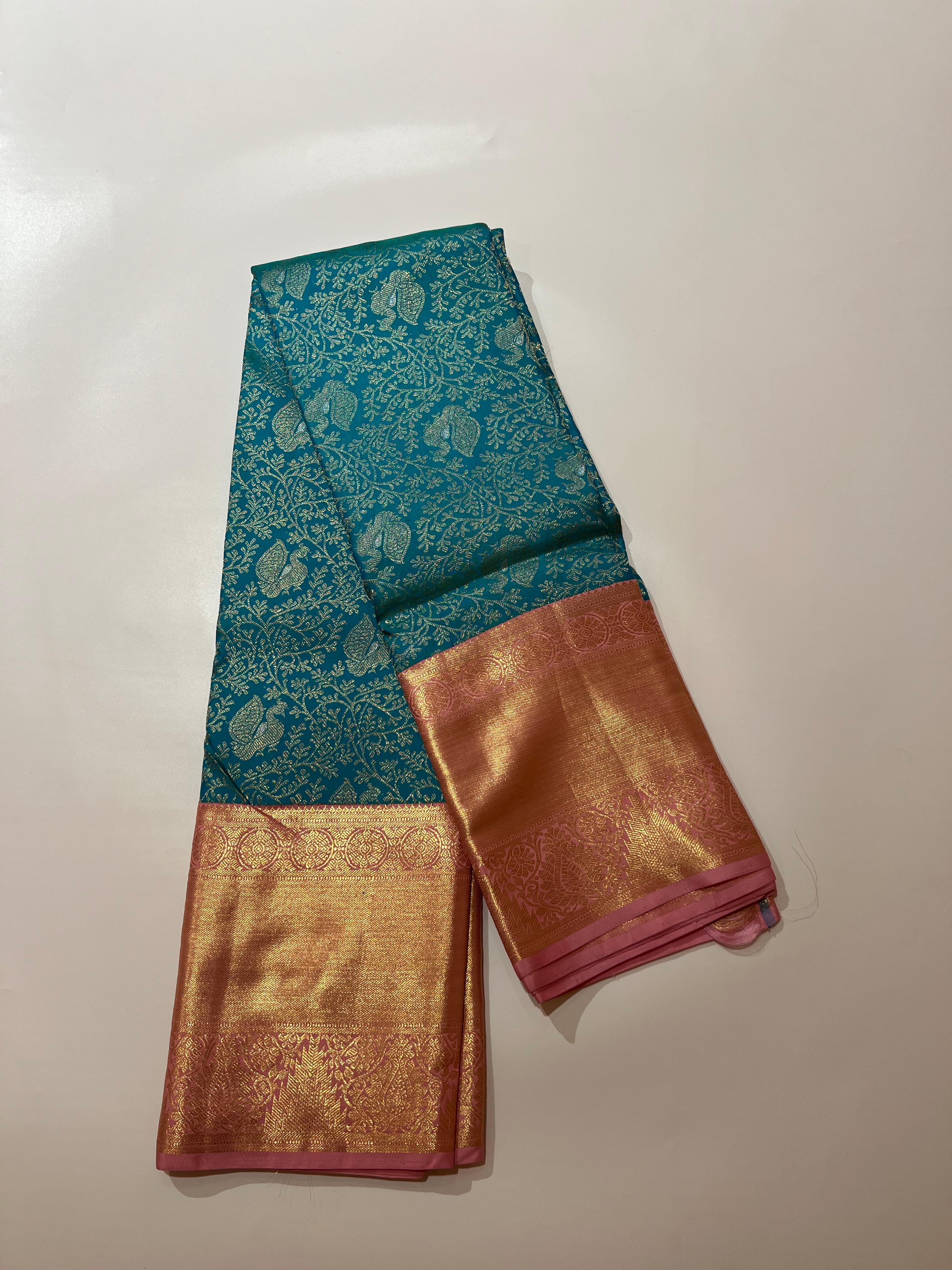 Blue and light pink Kanjeevaram silk saree