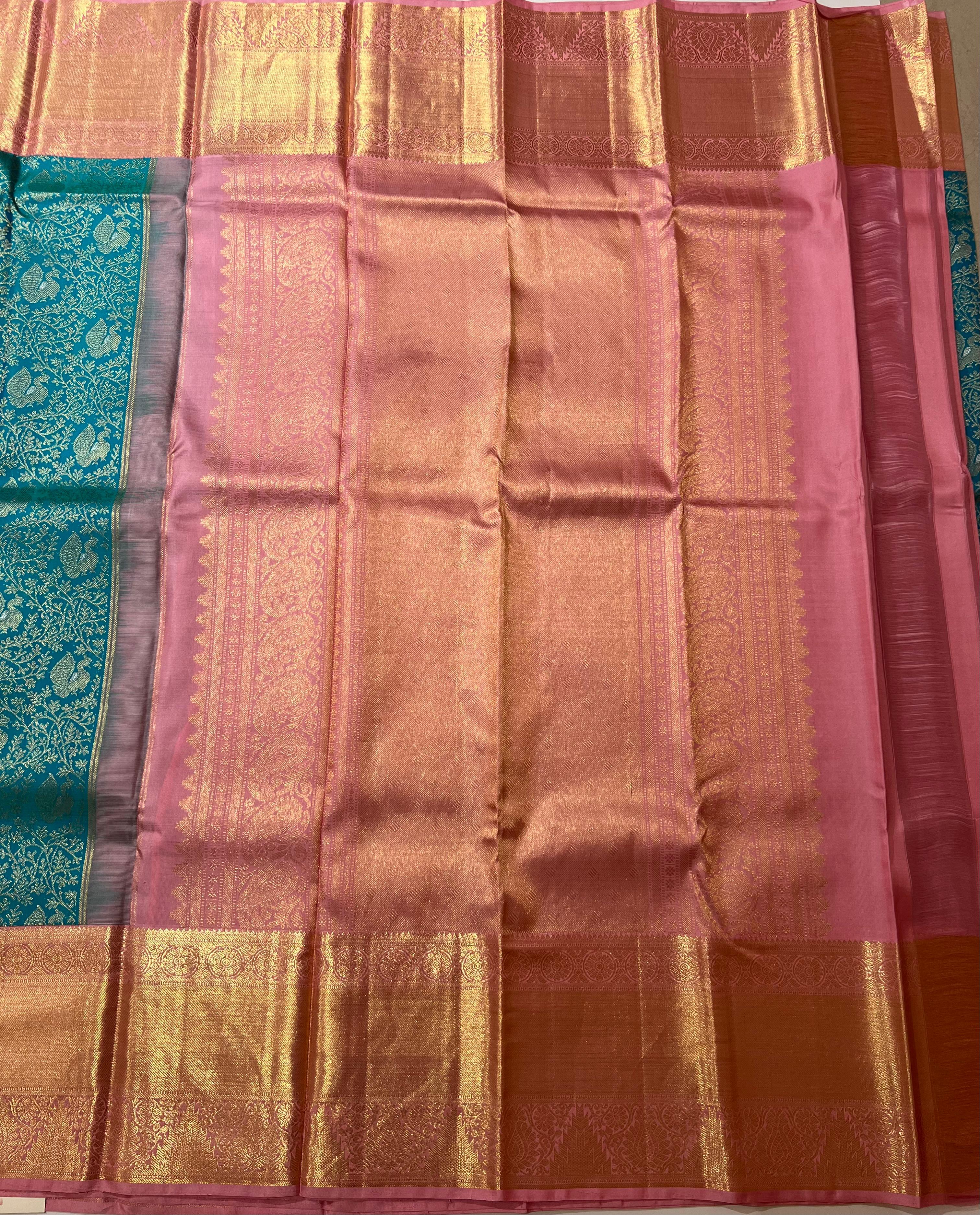 Blue and light pink Kanjeevaram silk saree