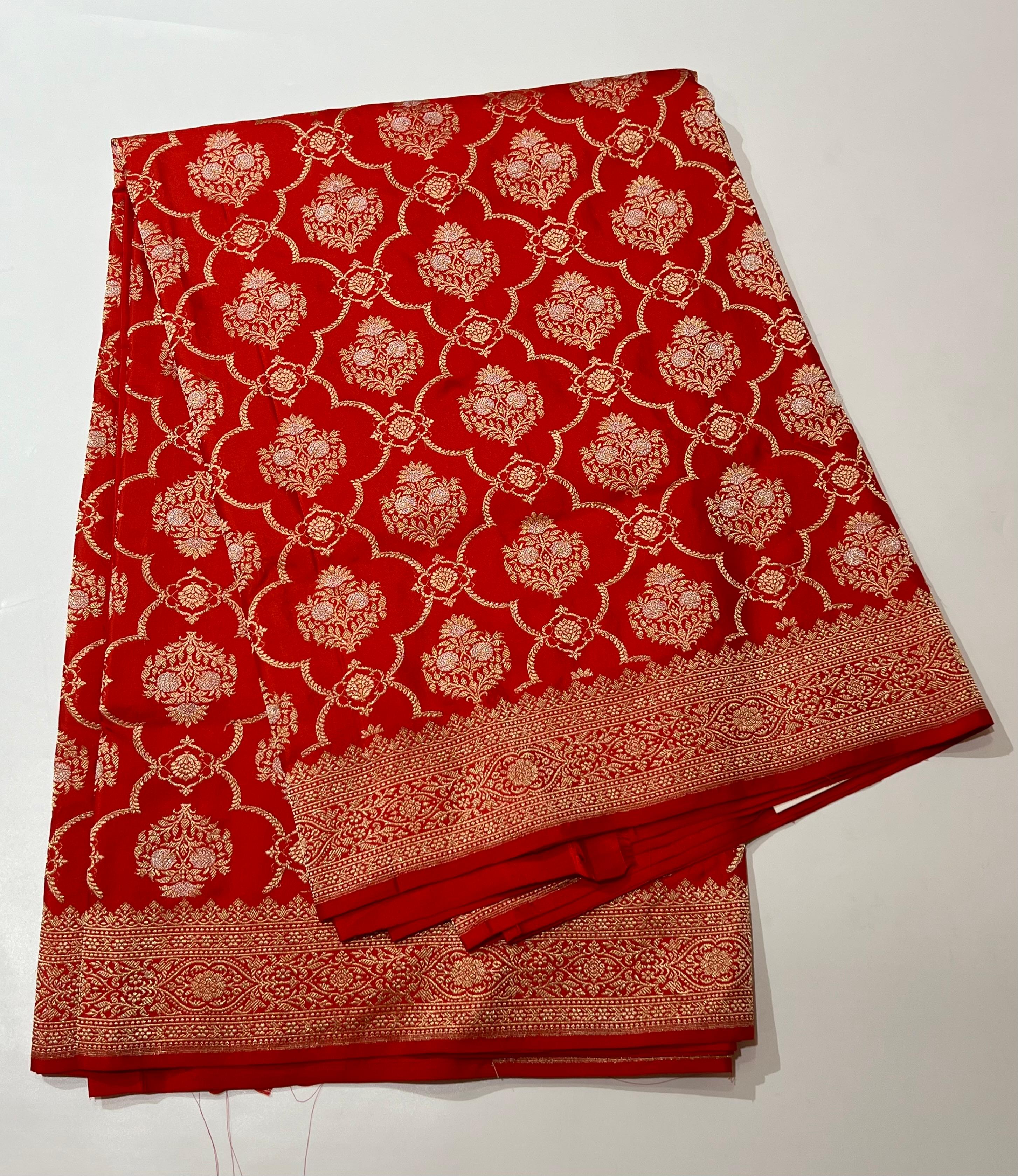 Floral Zari work on Bright Red Banarasi saree