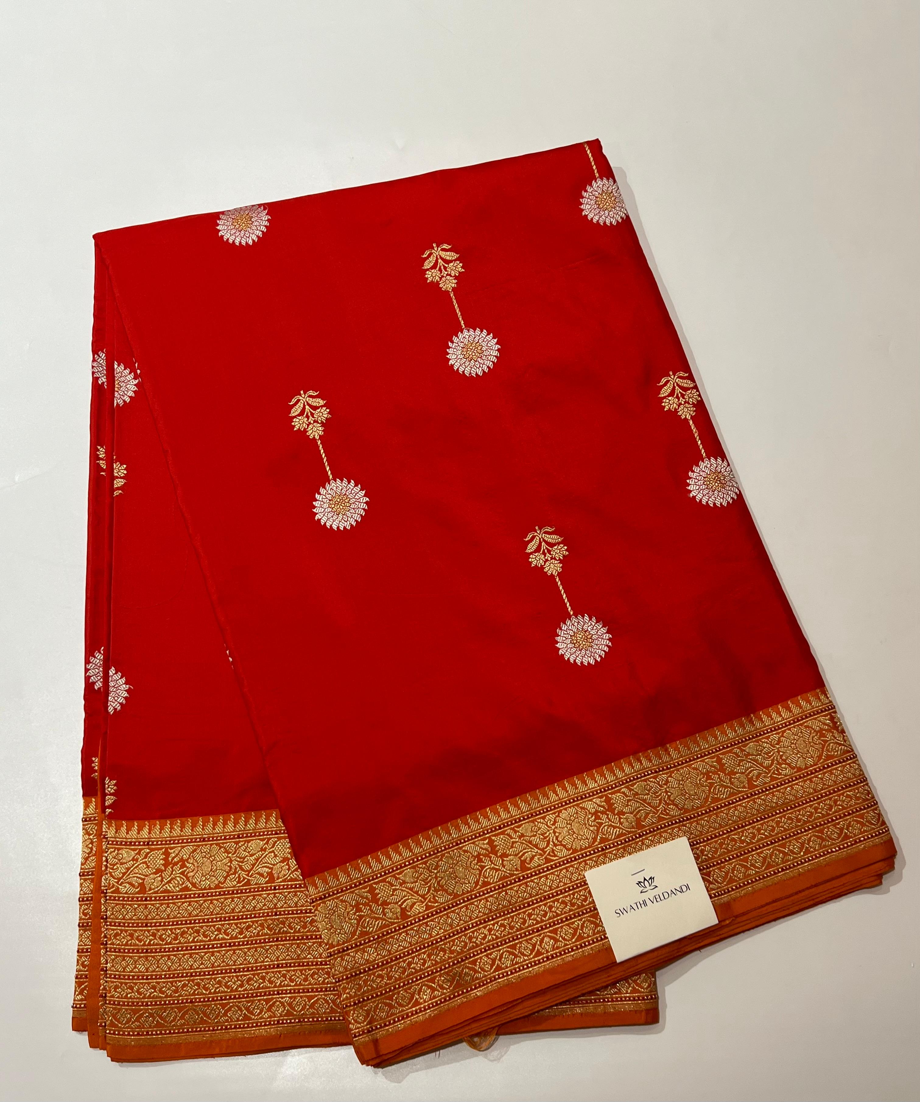 Small flower motifs red banarasi saree