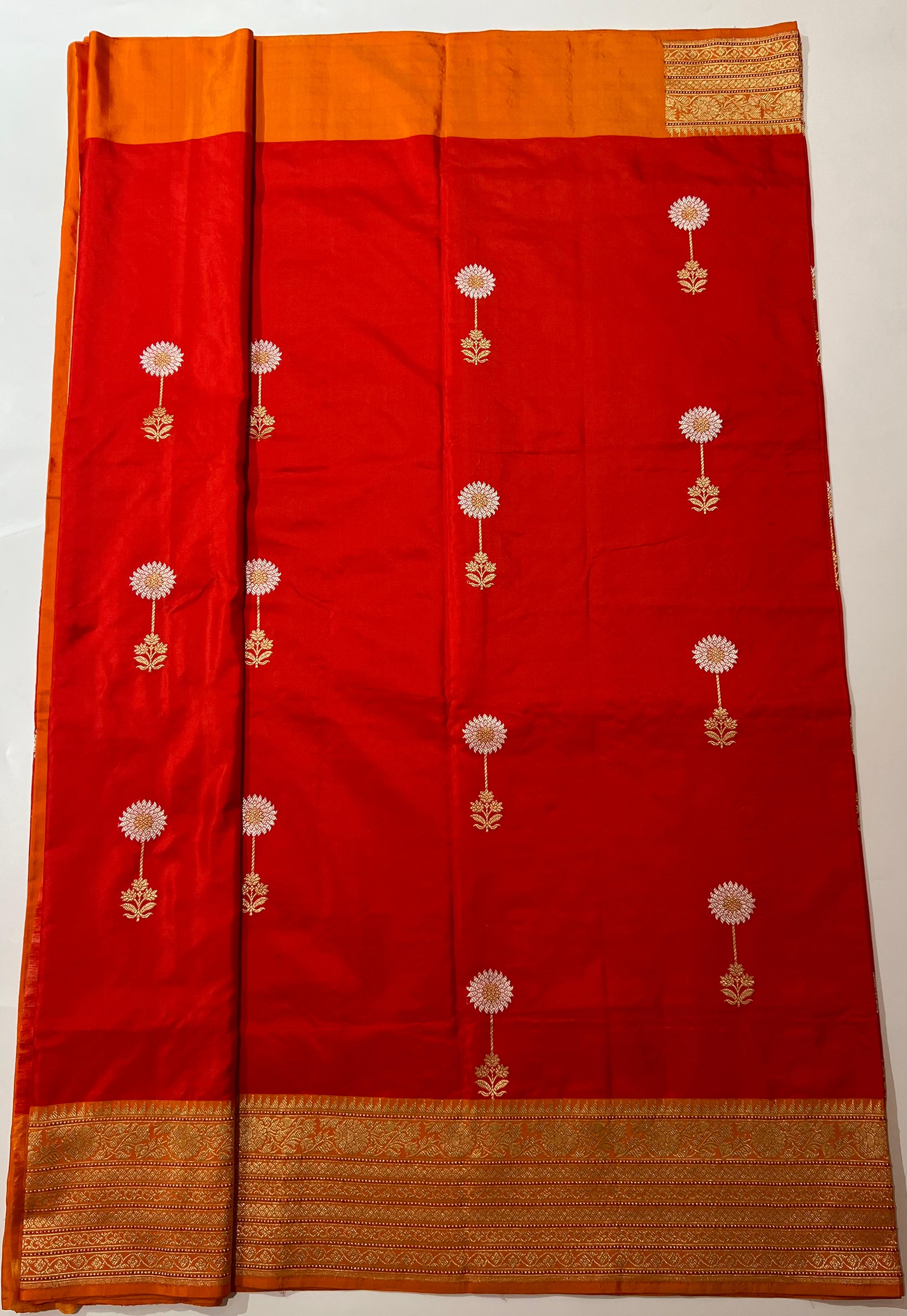 Small flower motifs red banarasi saree