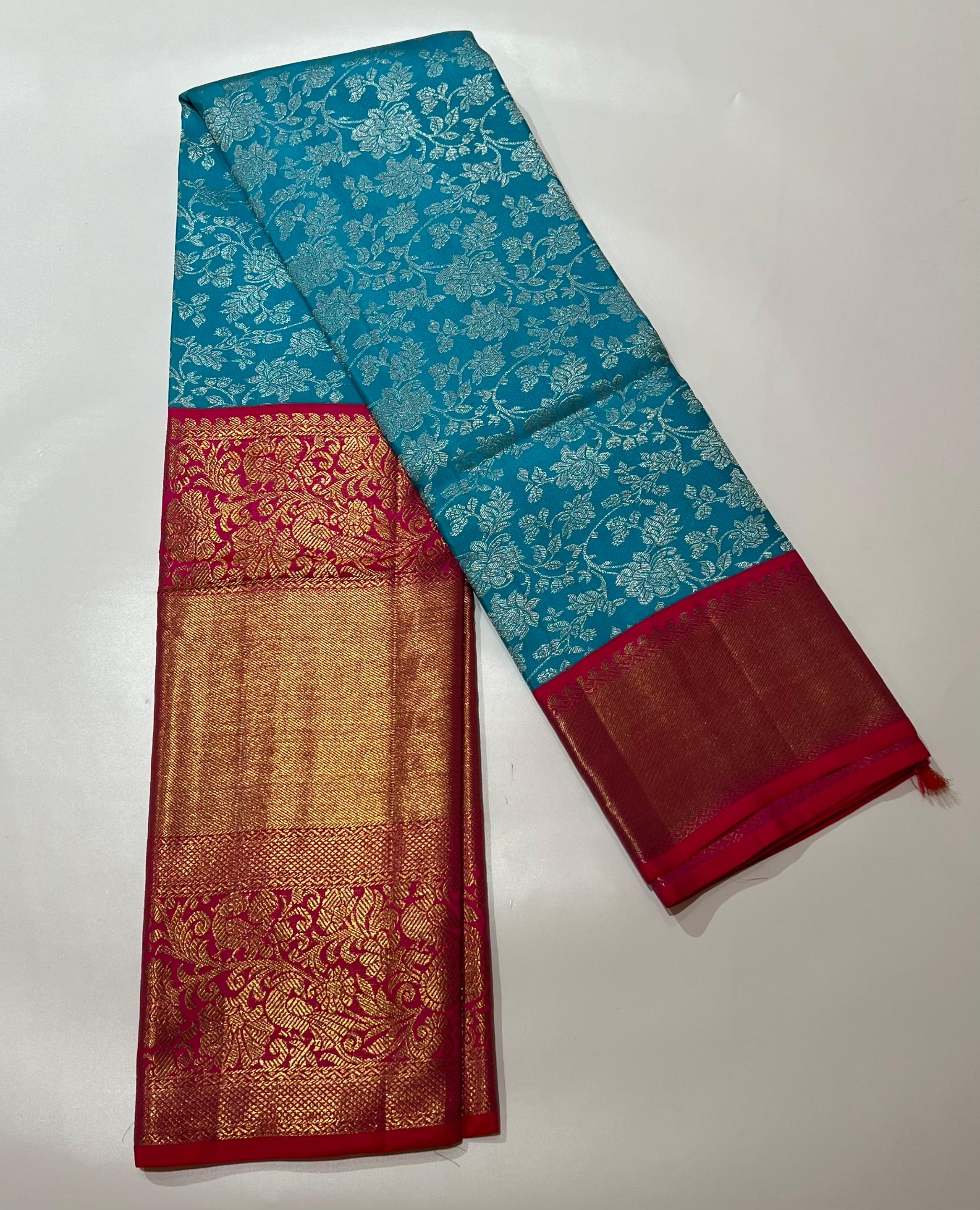 Blue and red kanjeevaram silk saree