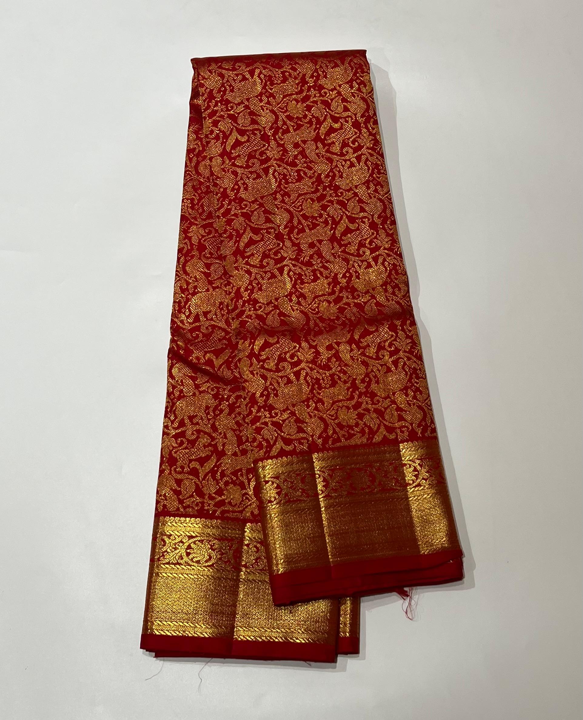 Animal design Red and golden Kanjeevaram silk saree