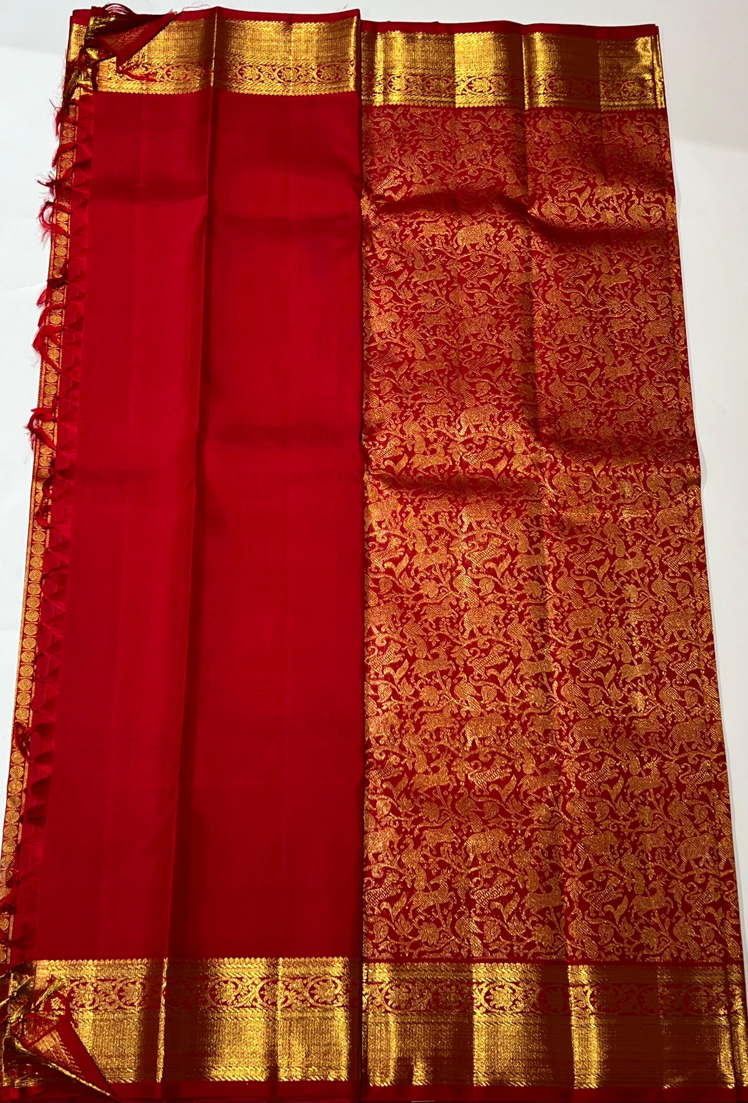 Animal design Red and golden Kanjeevaram silk saree