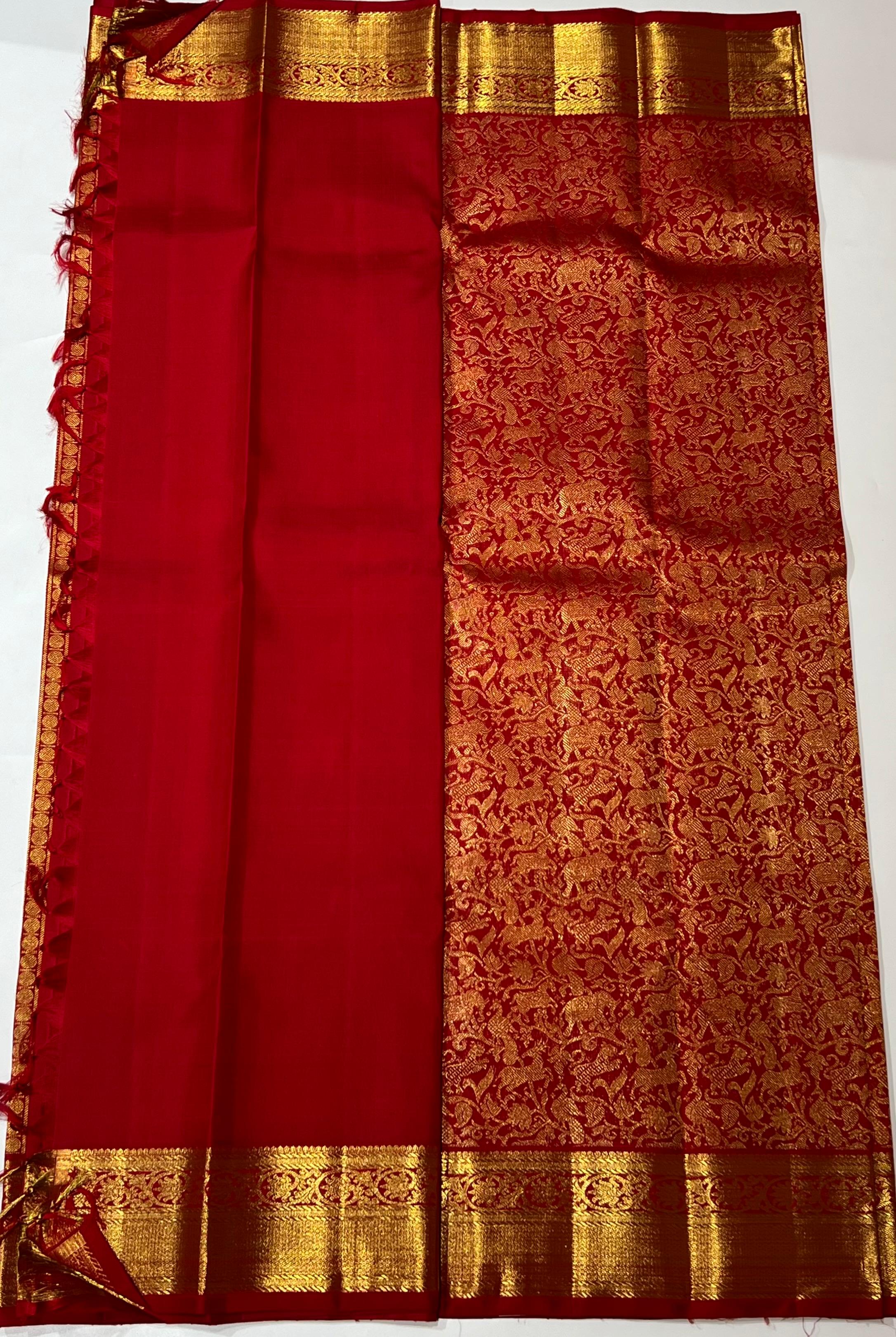 Animal design Red and golden Kanjeevaram silk saree