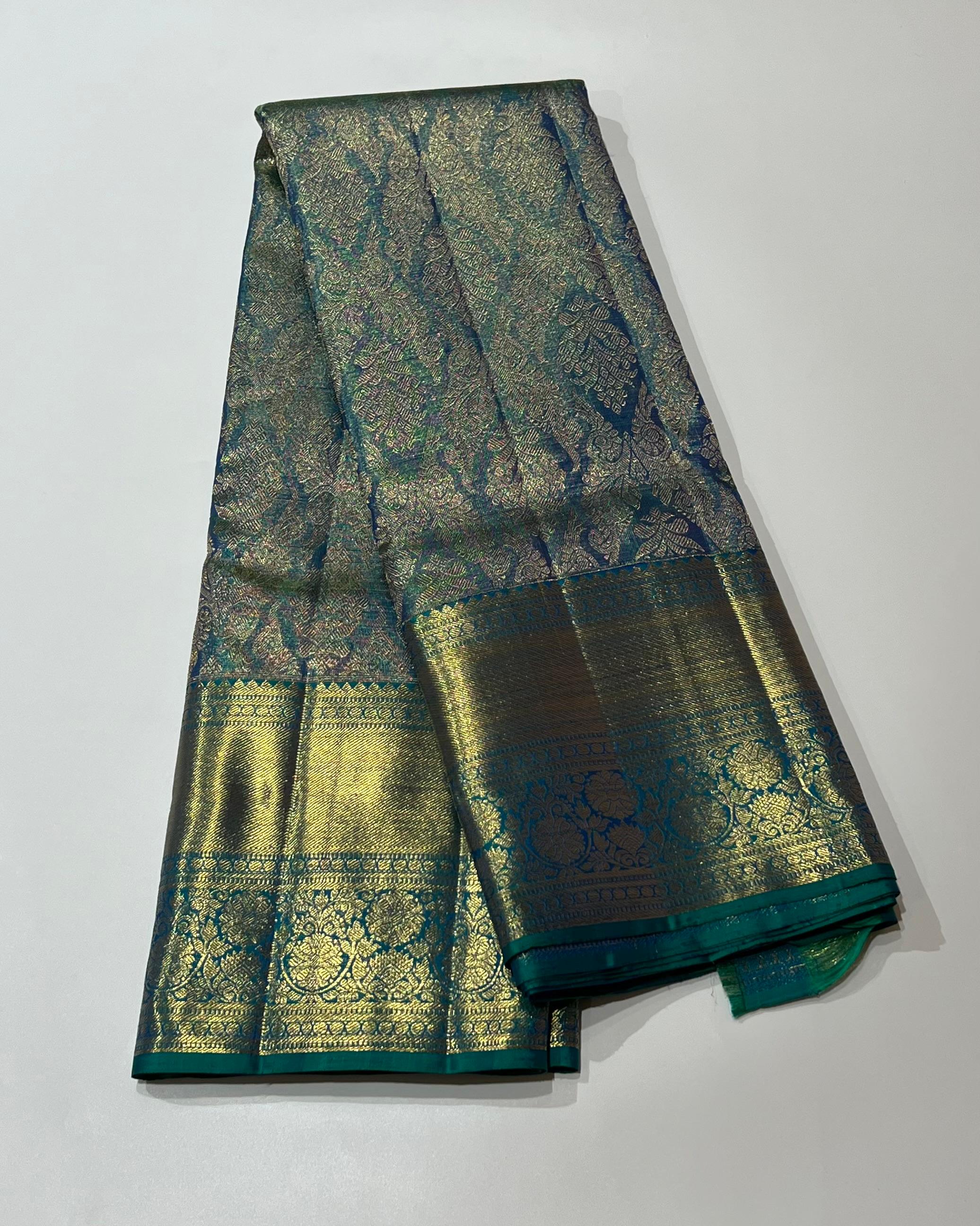 Blueish green and golden Kanjeevaram silk saree