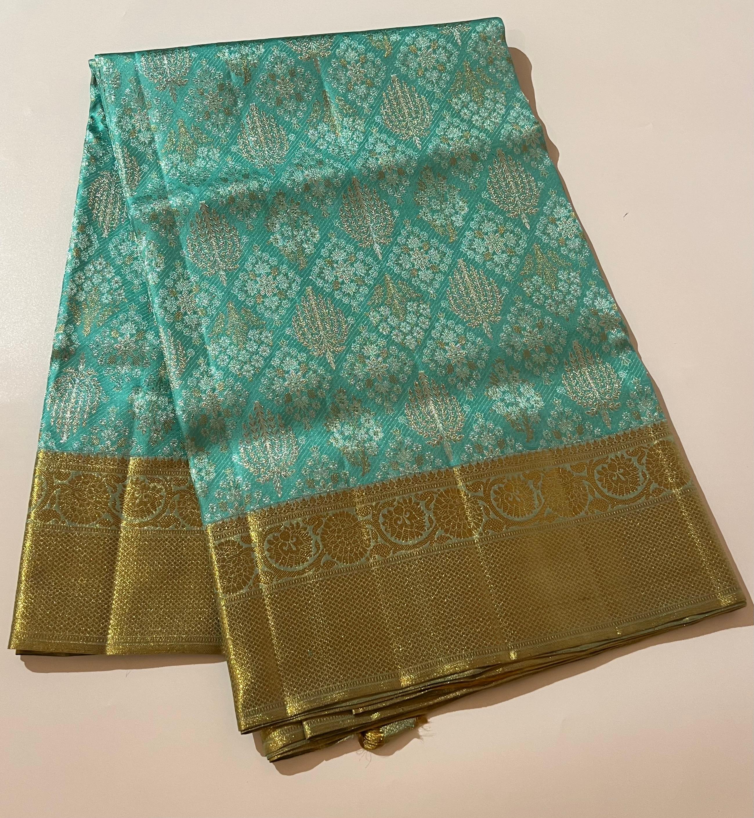 Seablue and golden Kanjeevaram silk saree