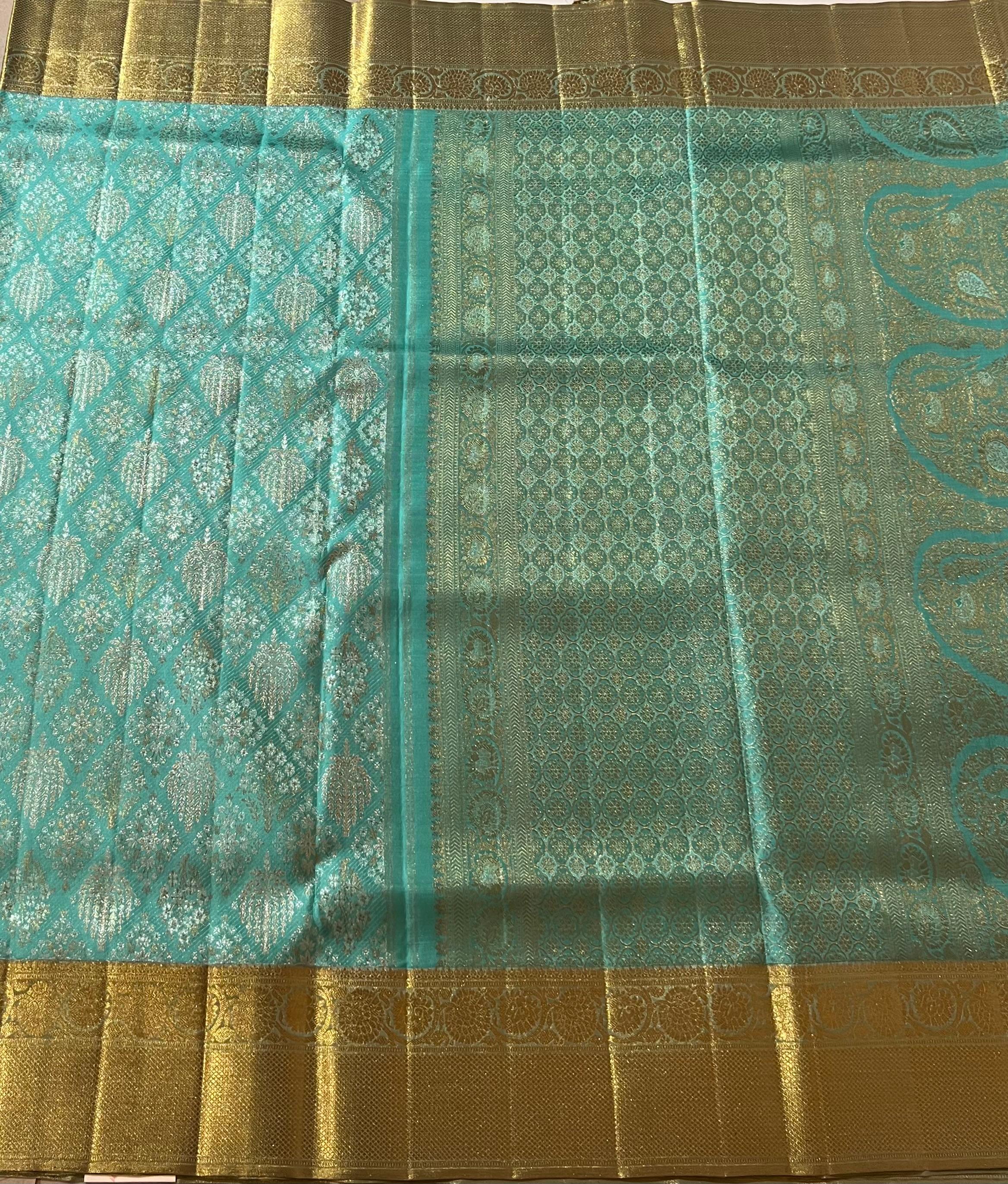 Seablue and golden Kanjeevaram silk saree