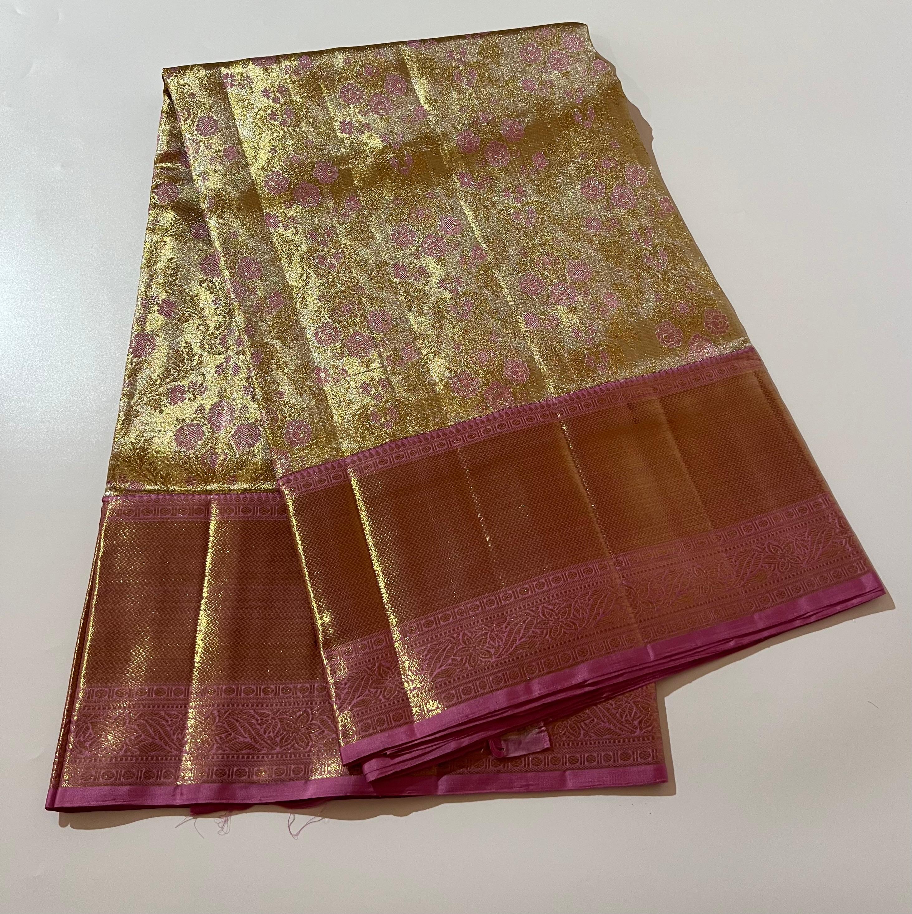 Golden and pink border Kanjeevaram silk saree