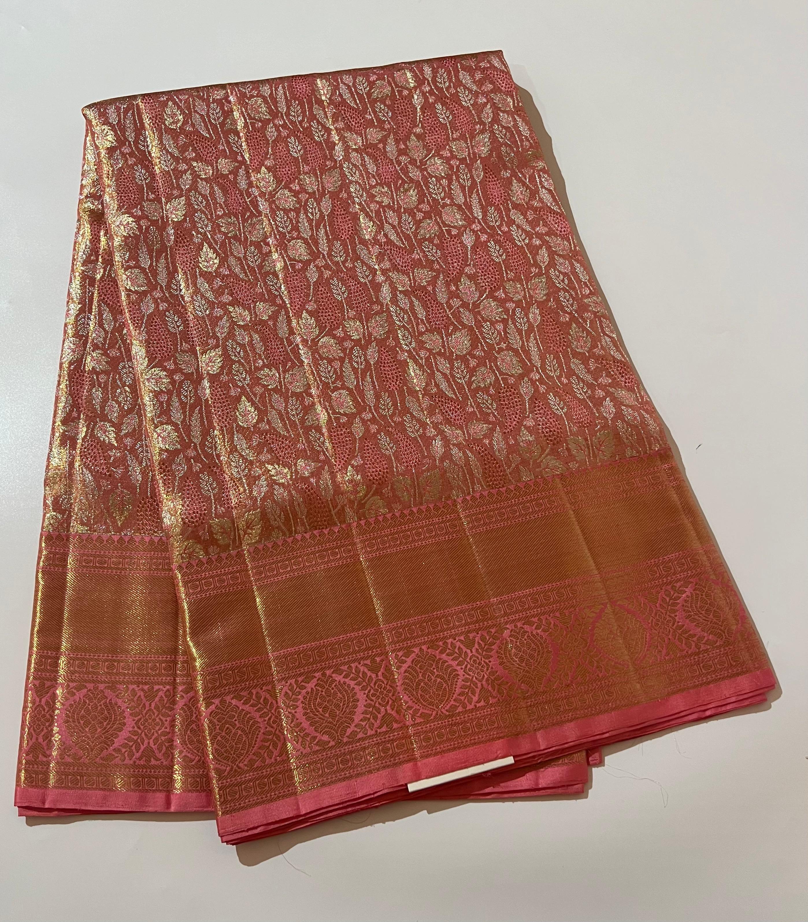 Floral Pink and golden Kanjeevaram silk saree