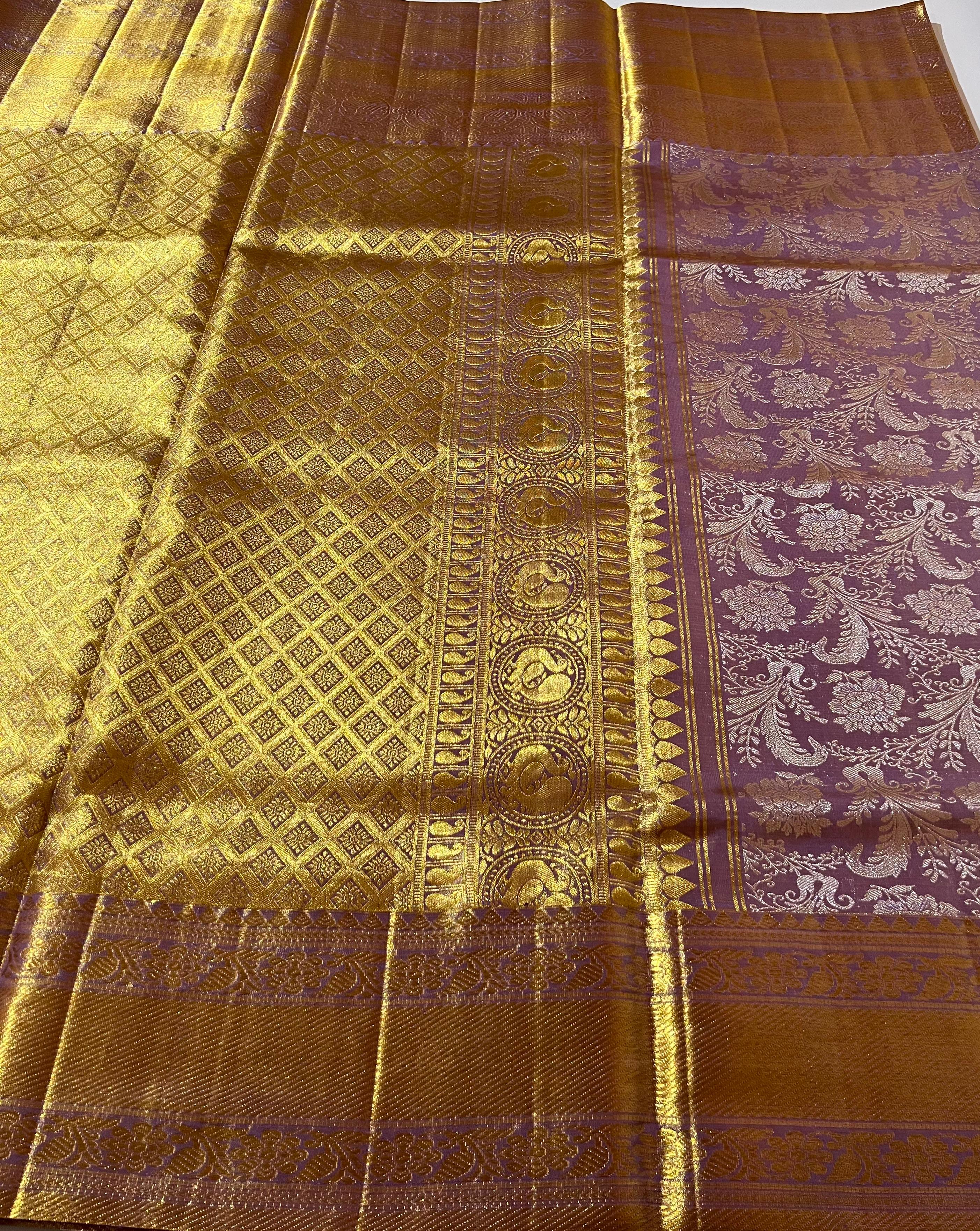 Purple and golden kanjeevaram silk saree