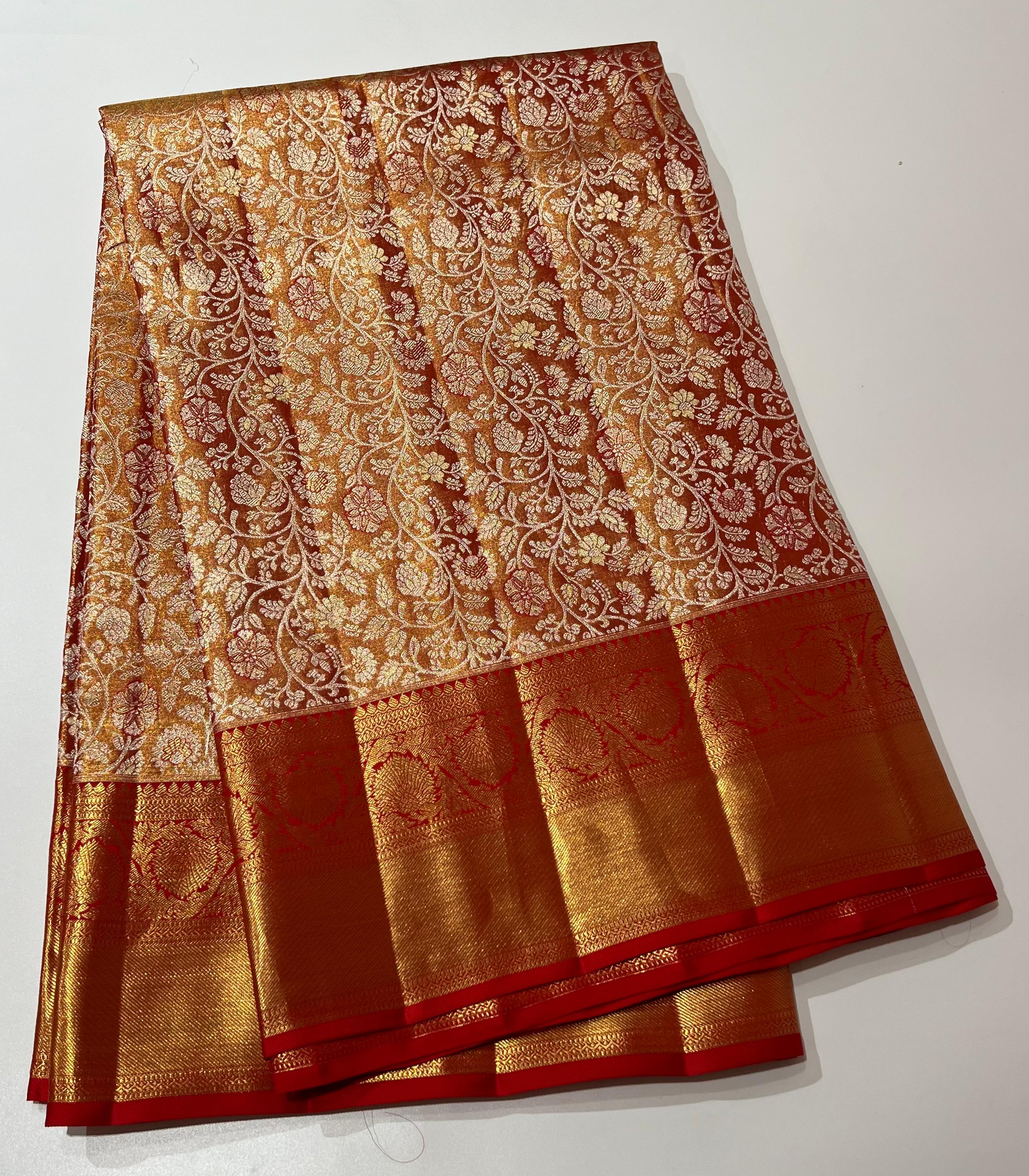 Orange and Golden Kanjeevaram silk saree