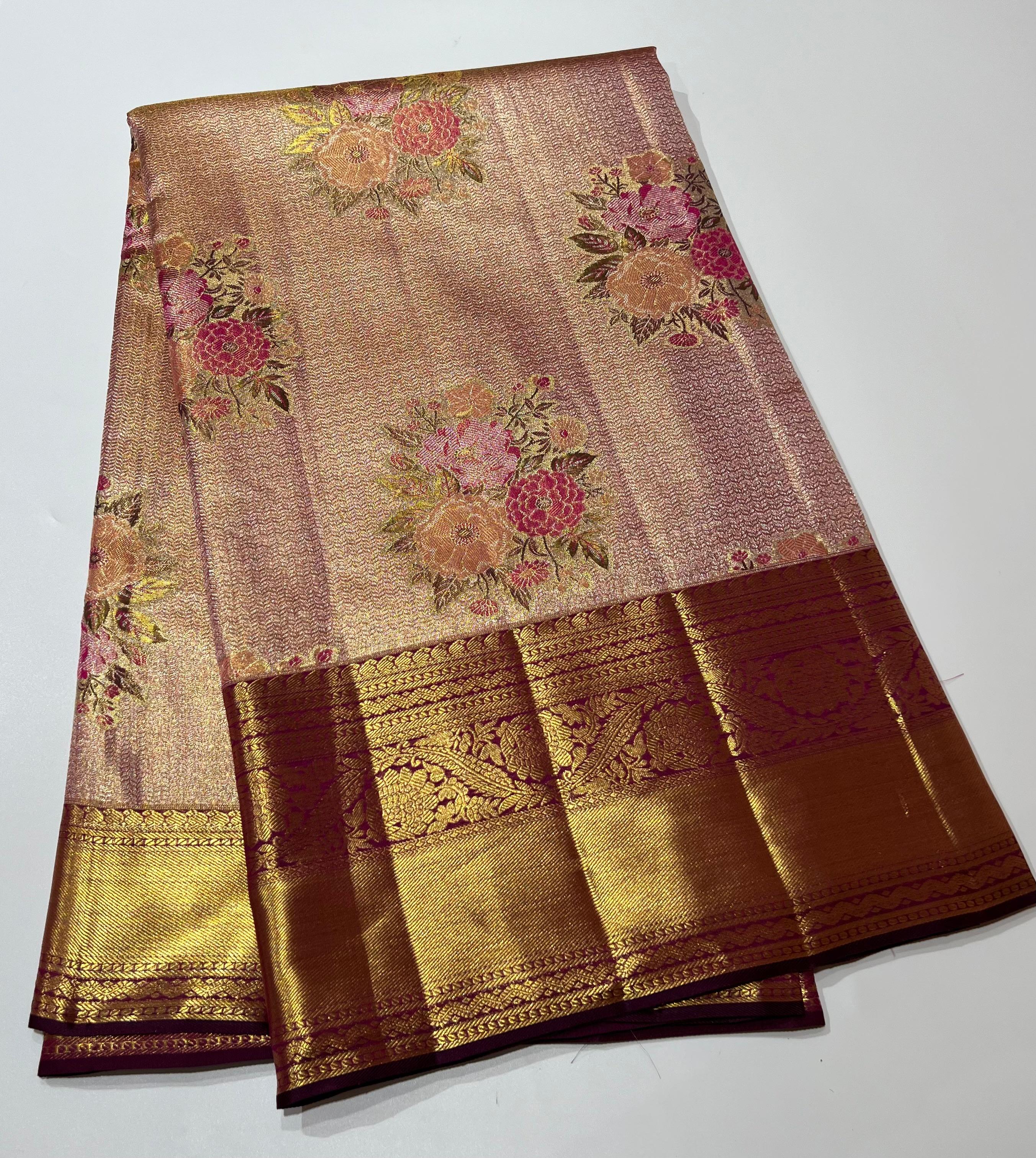 Peach and purple Kanjeevaram silk saree