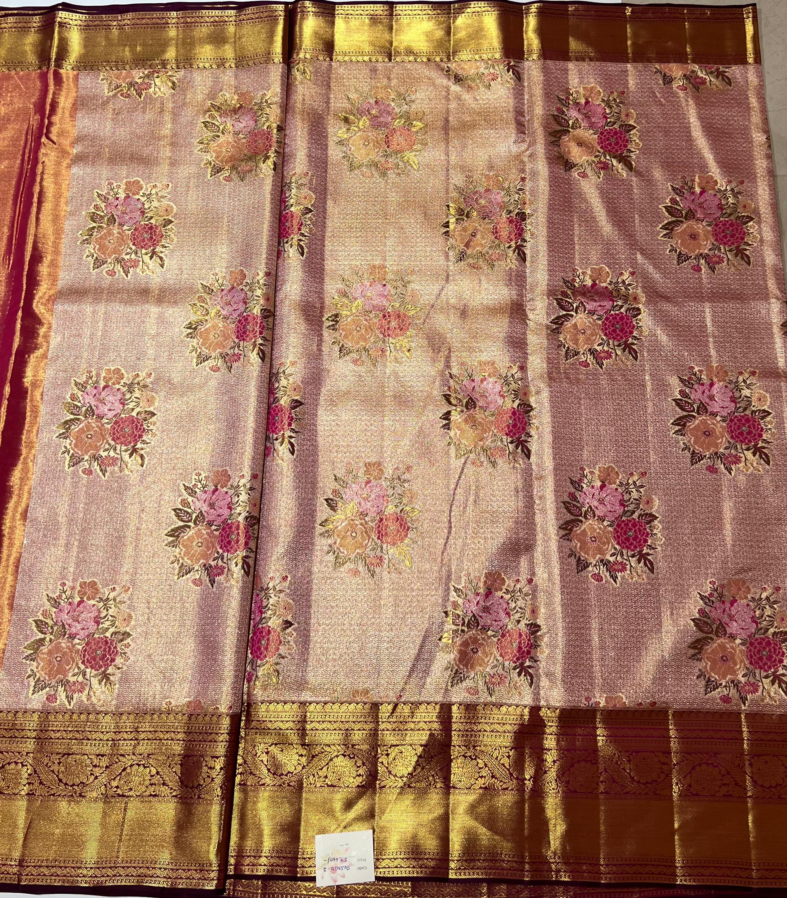 Peach and purple Kanjeevaram silk saree