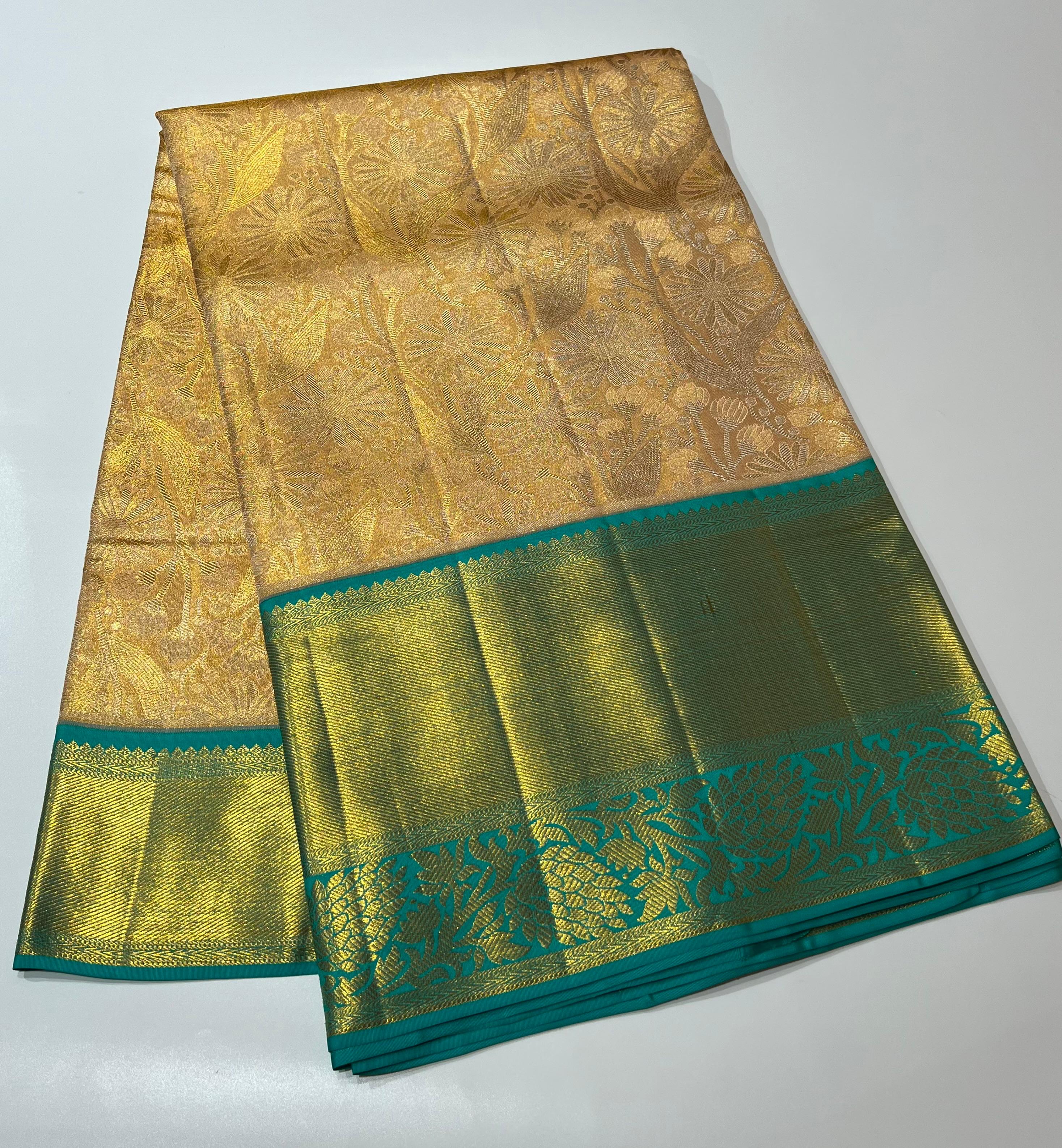 Golden and seagreen Kanjeevaram silk saree