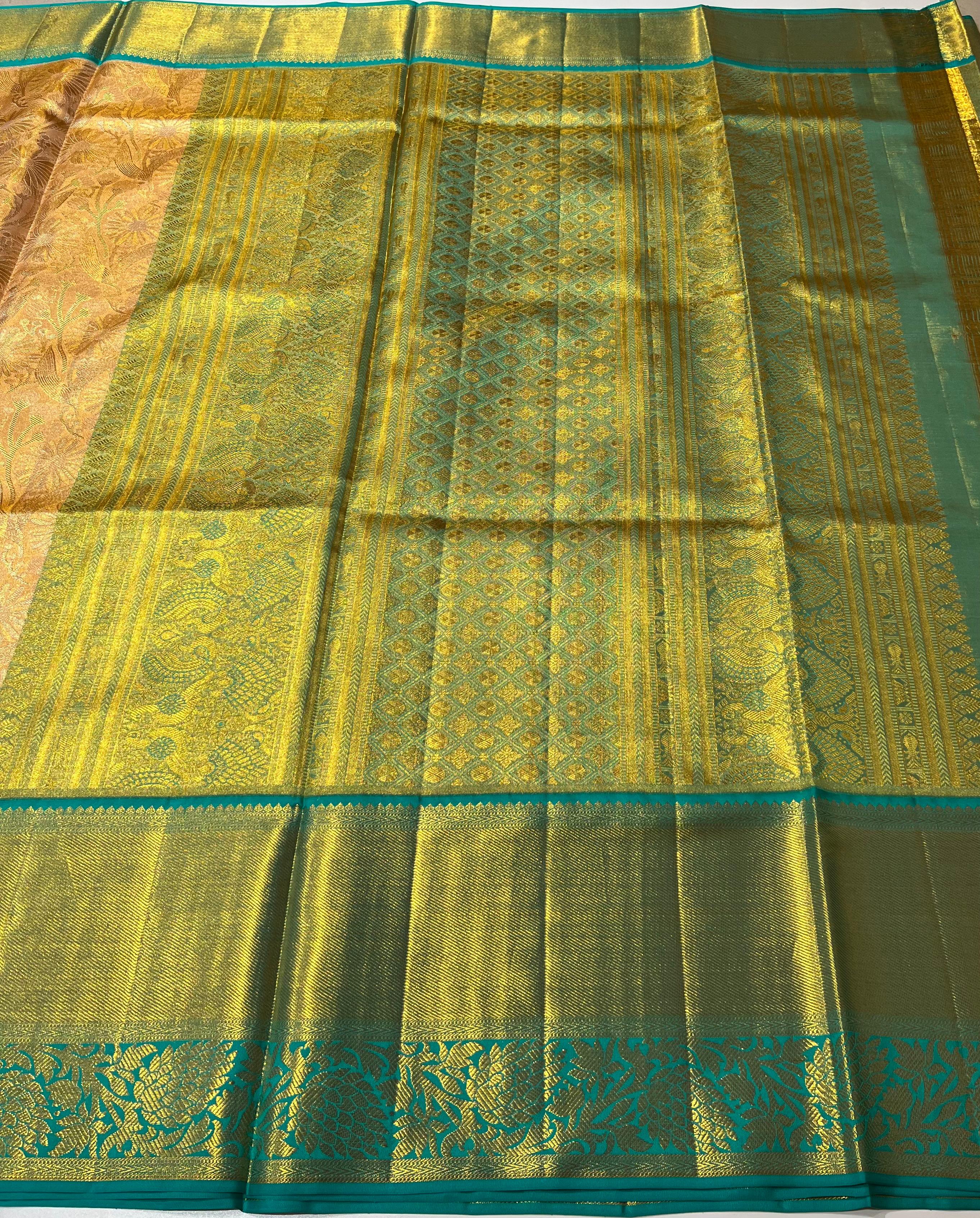 Golden and seagreen Kanjeevaram silk saree