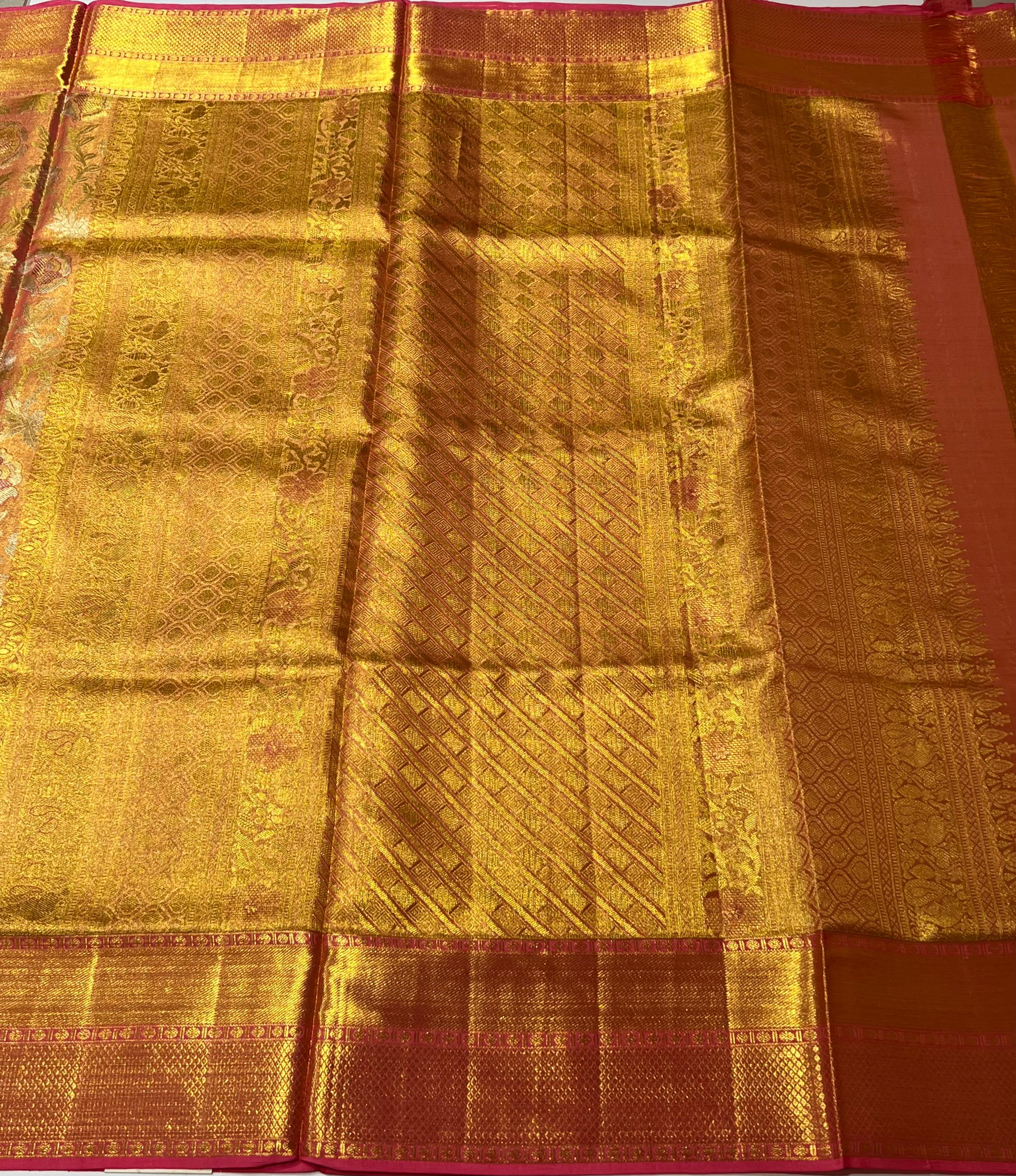 Orange and light pink  Kanjeevaram silk saree