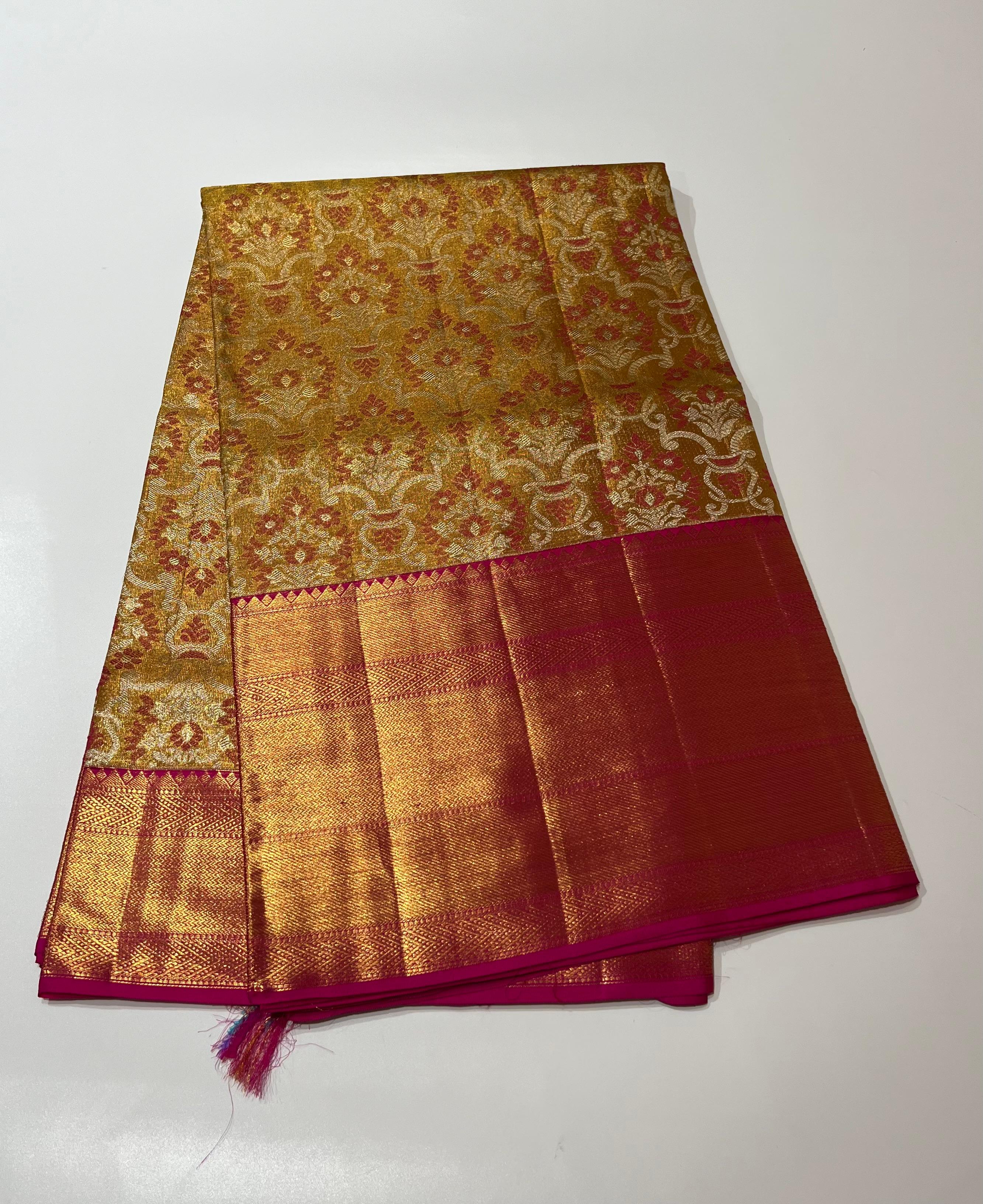 Yellow and pink Kanjeevaram silk saree