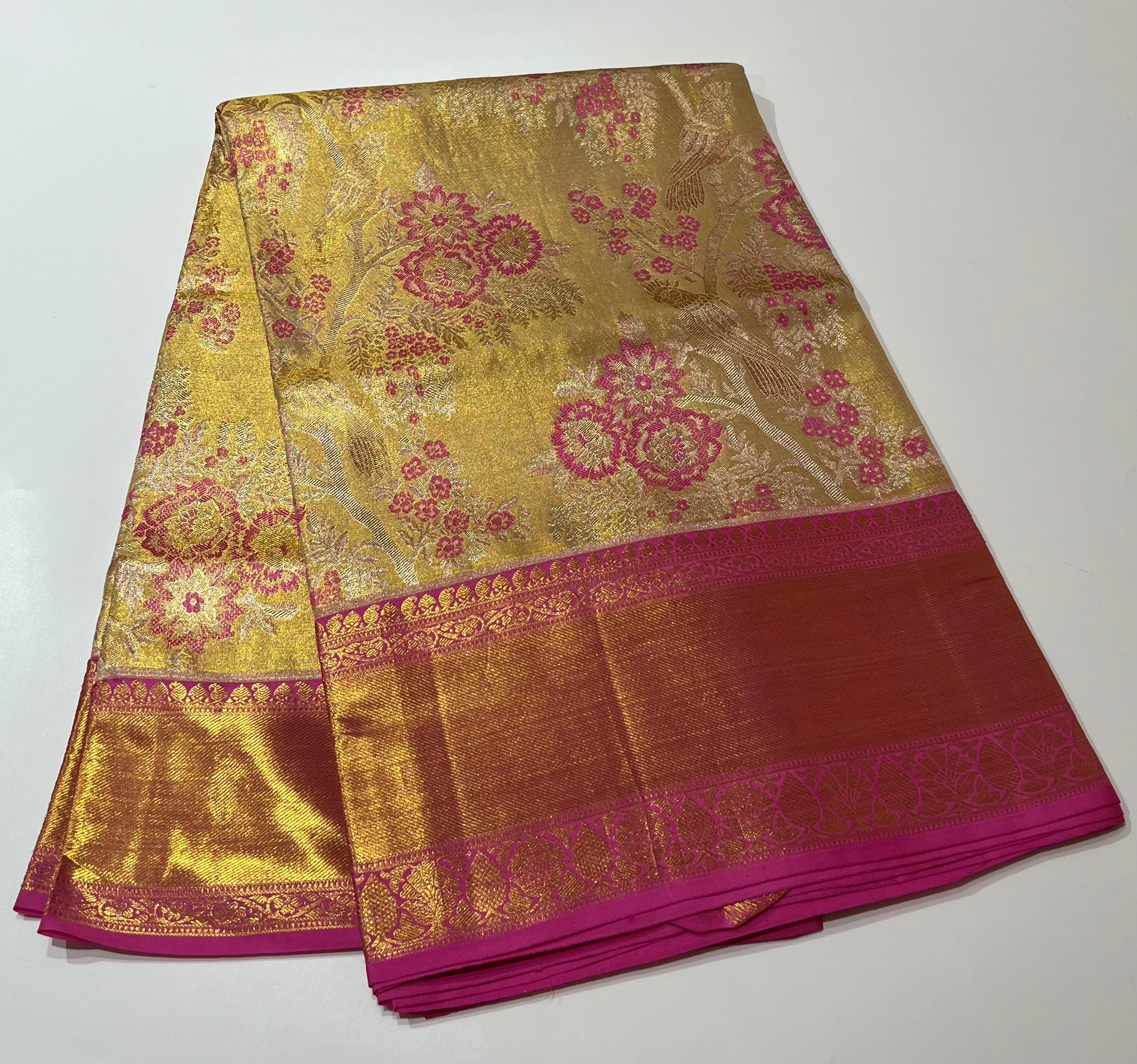 Golden and pink border Kanjeevaram silk saree