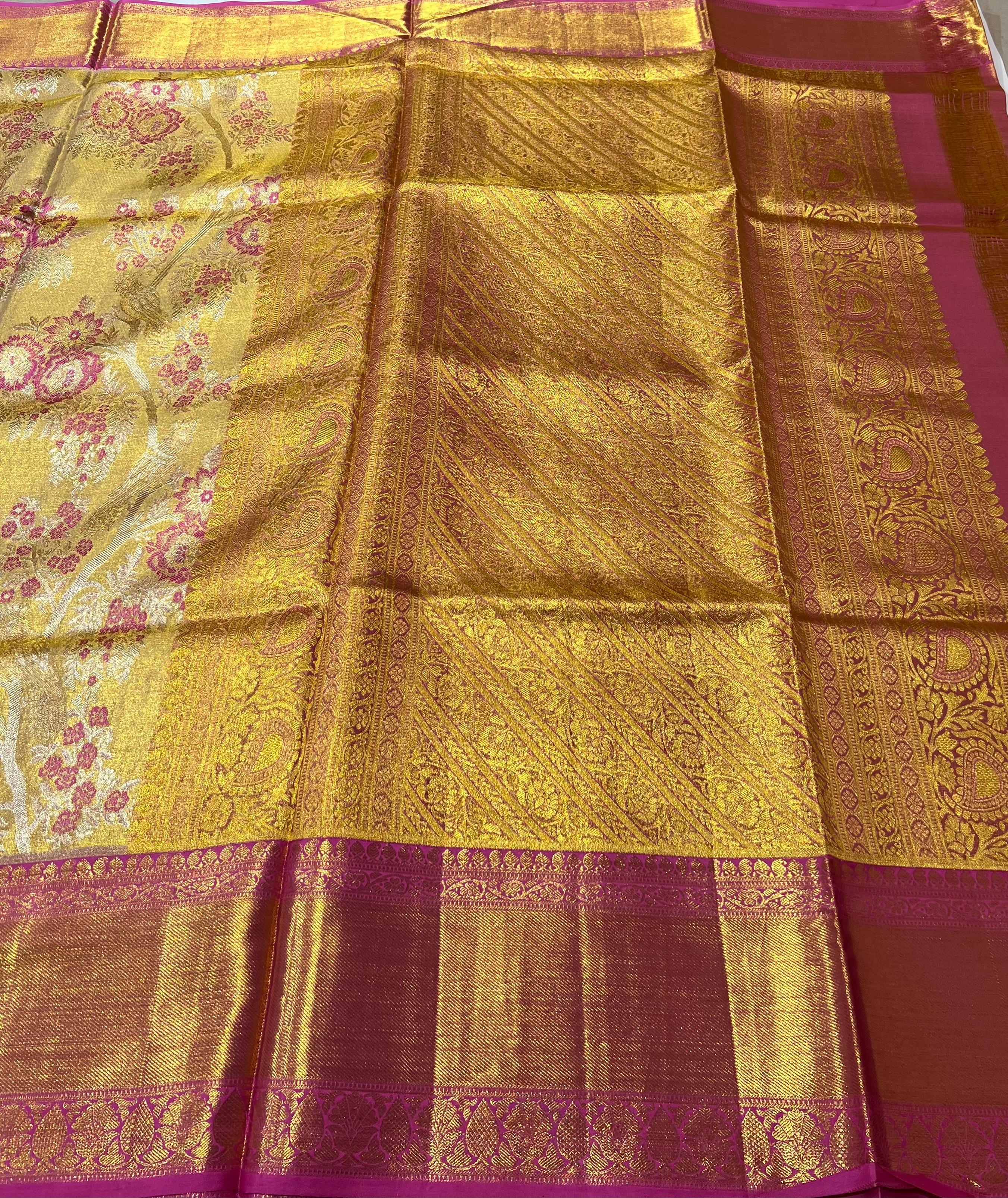 Golden and pink border Kanjeevaram silk saree