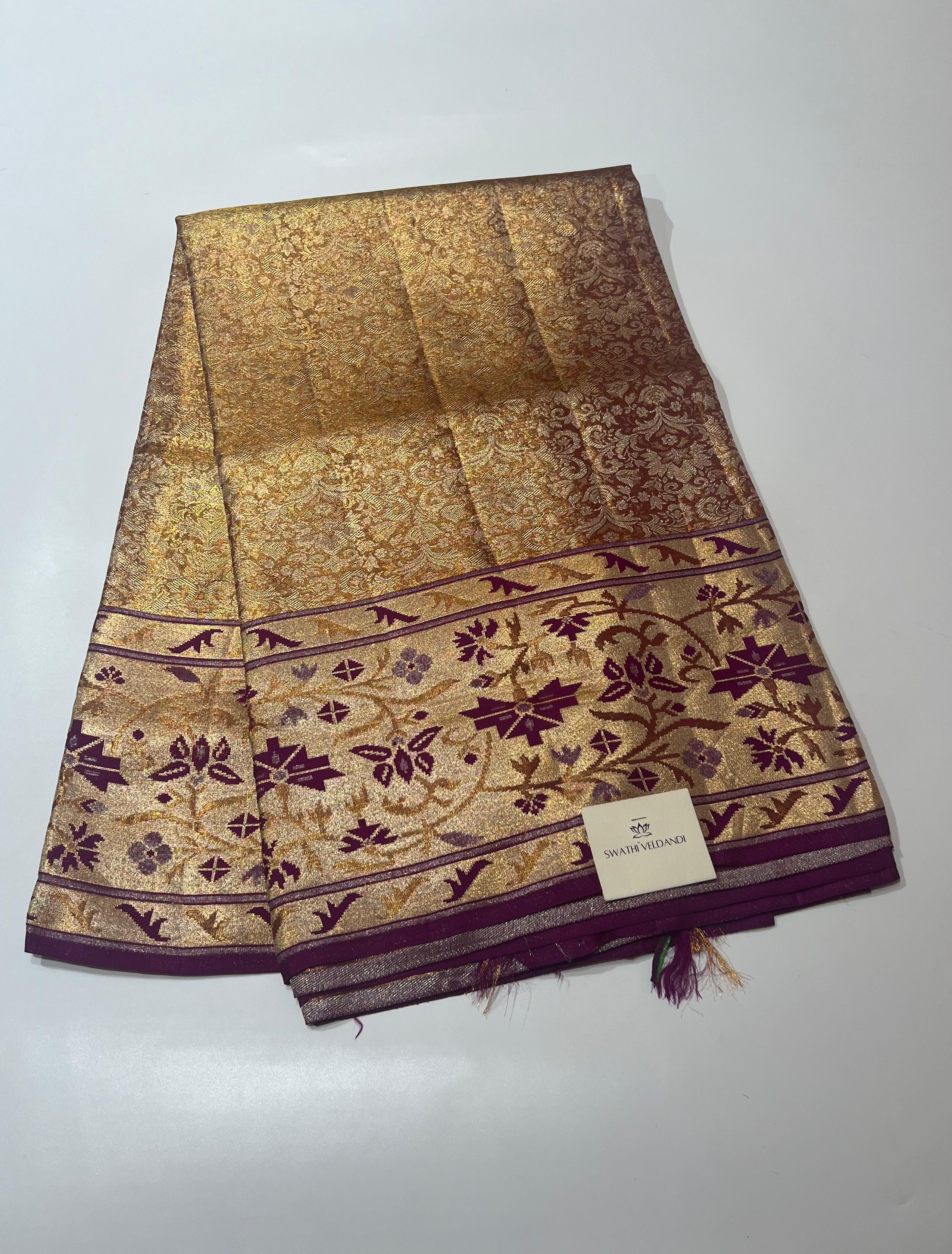 Golden and violet border Kanjeevaram silk saree