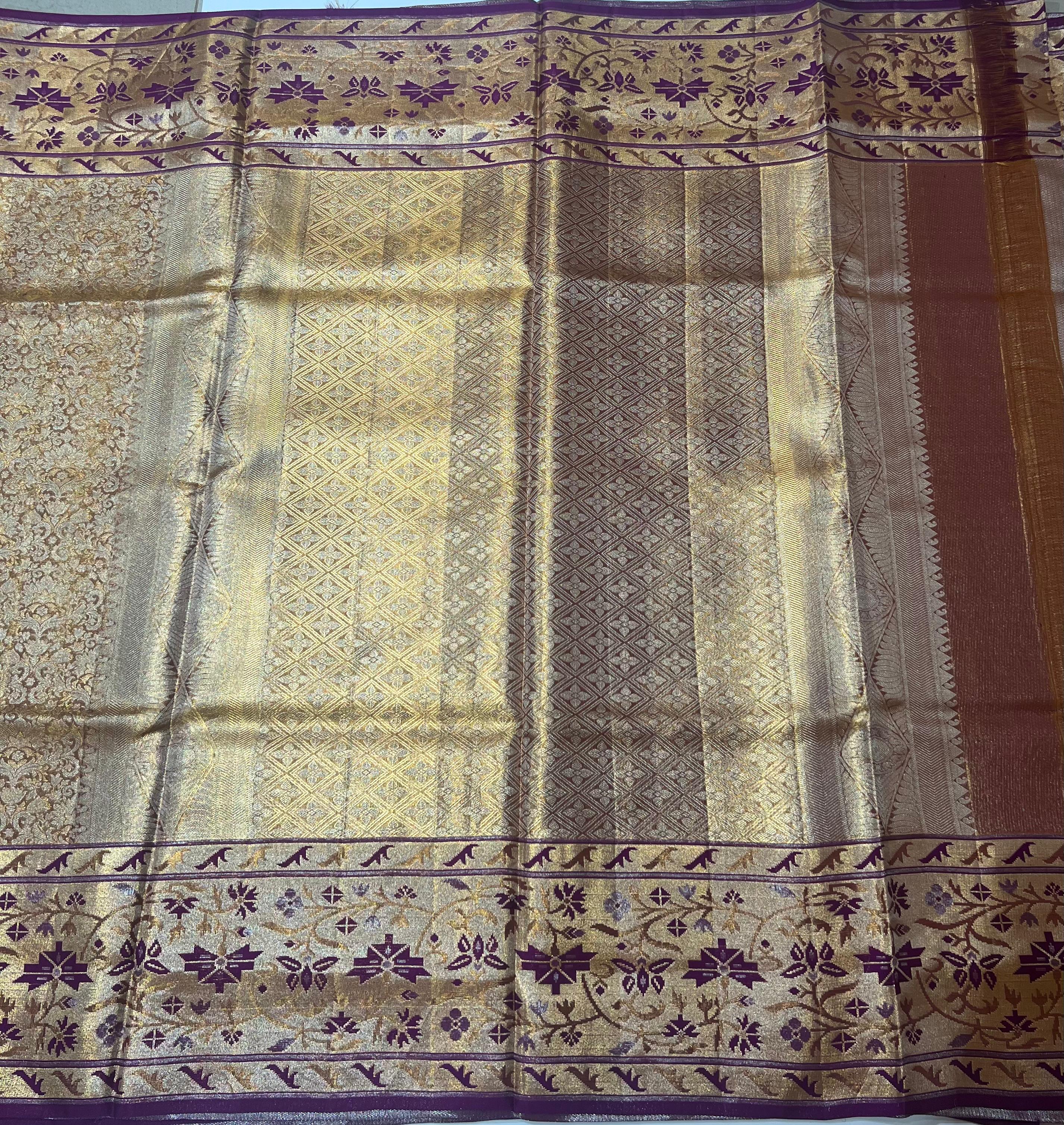 Golden and violet border Kanjeevaram silk saree