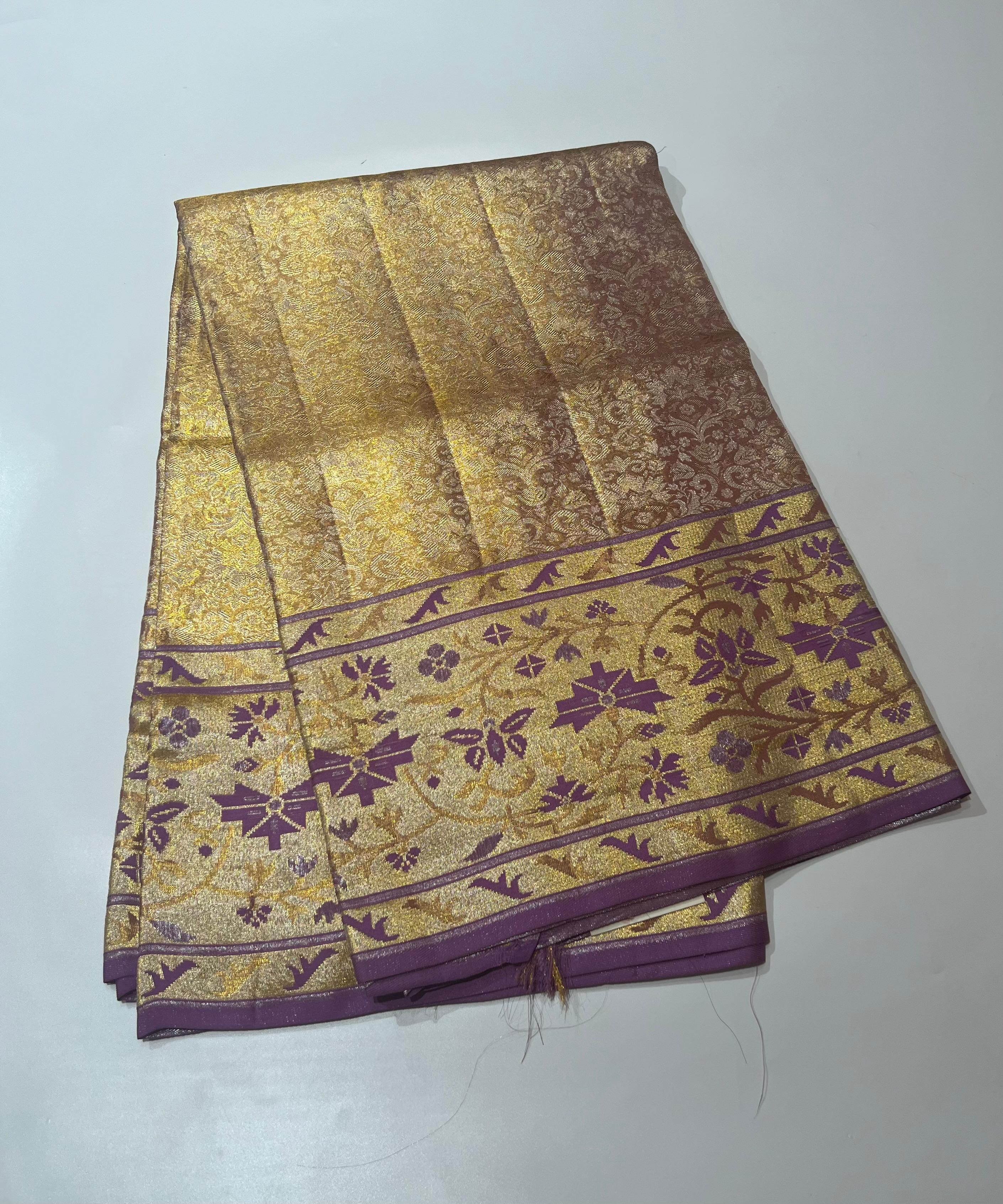 Golden and lavender border Kanjeevaram silk saree