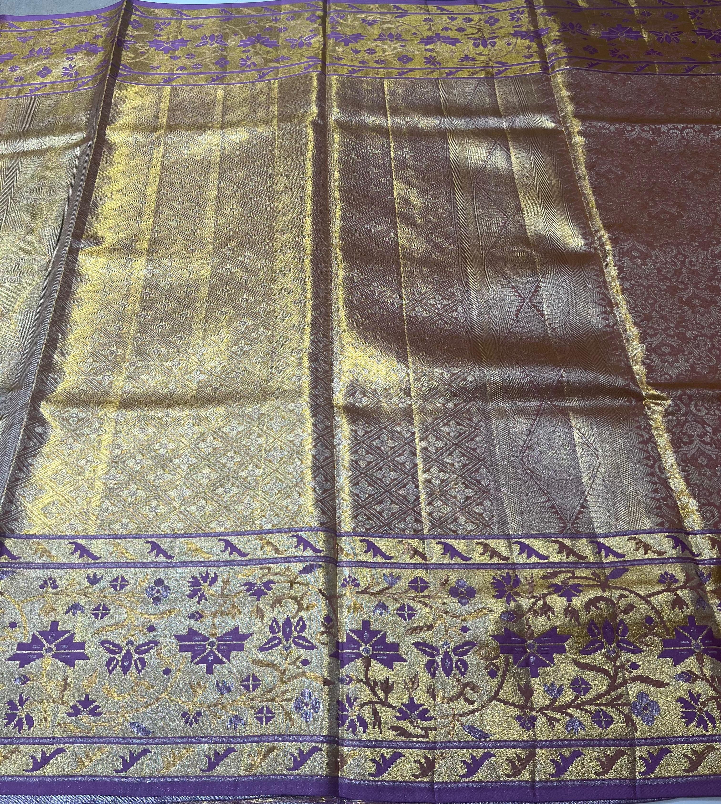 Golden and lavender border Kanjeevaram silk saree