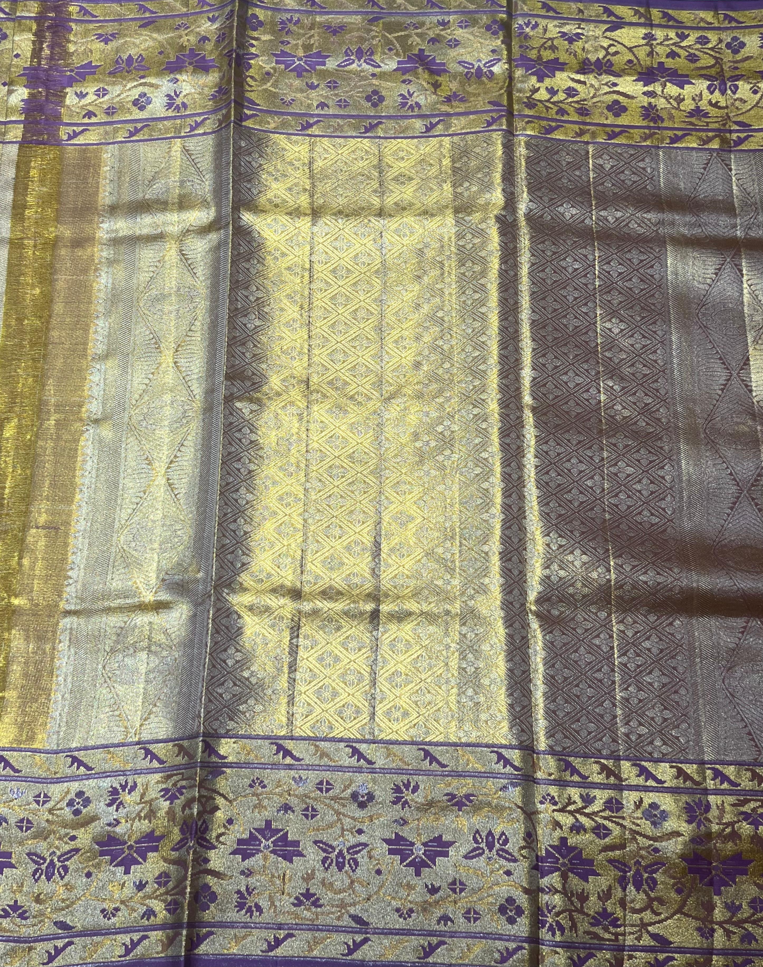 Golden and lavender border Kanjeevaram silk saree