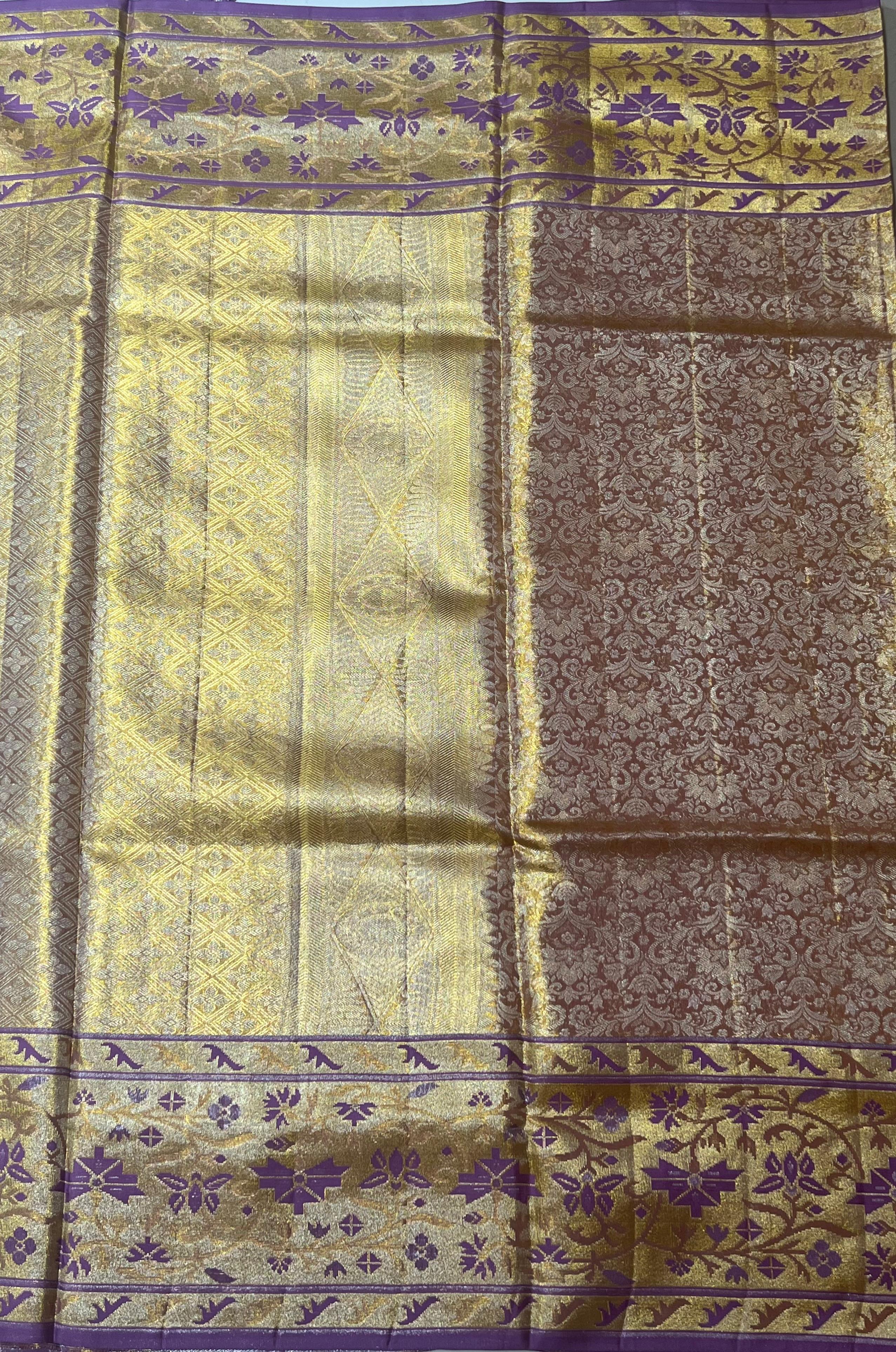 Golden and lavender border Kanjeevaram silk saree