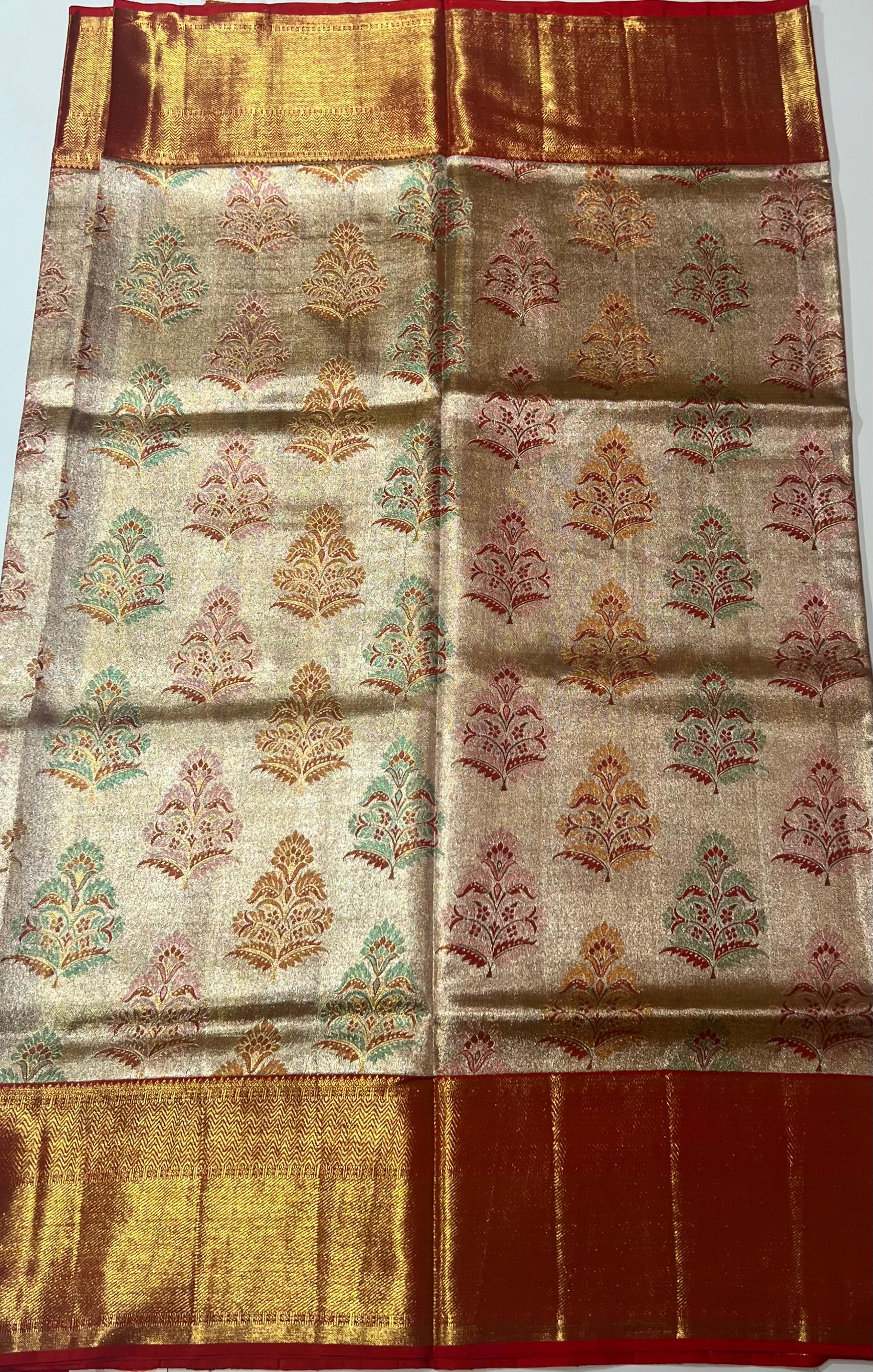 Ivory and red border Kanjeevaram silk saree