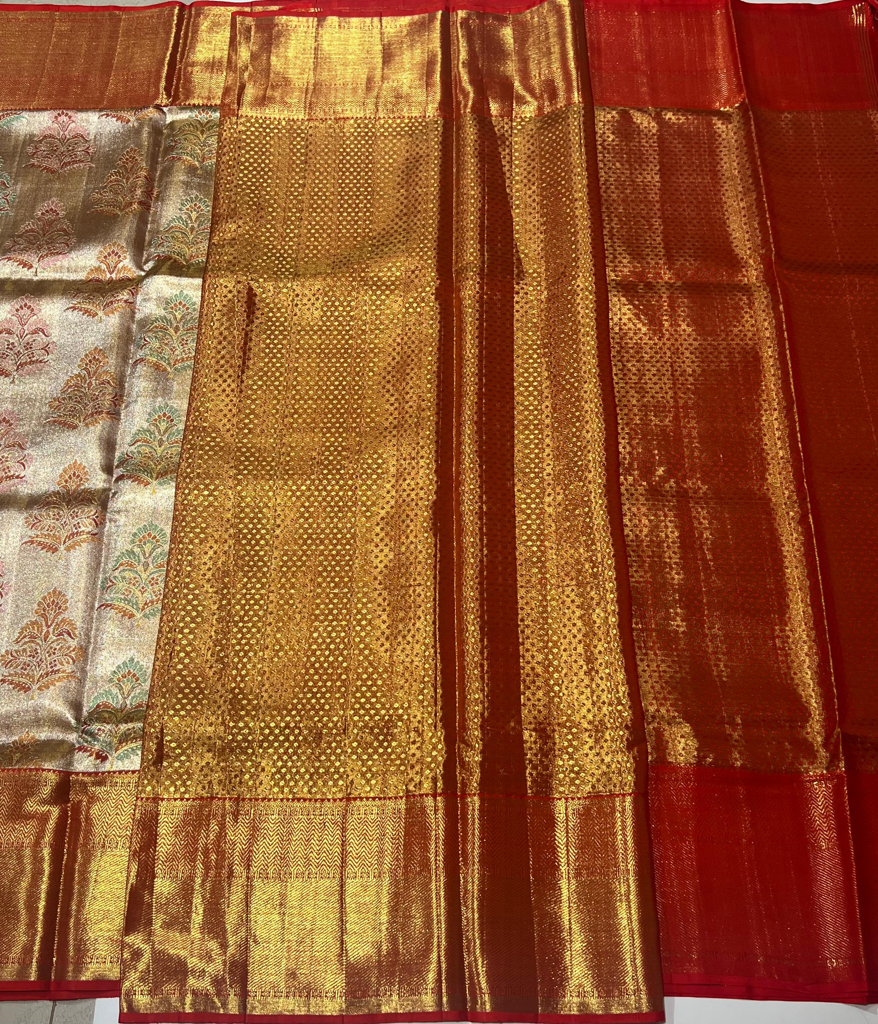 Ivory and red border Kanjeevaram silk saree