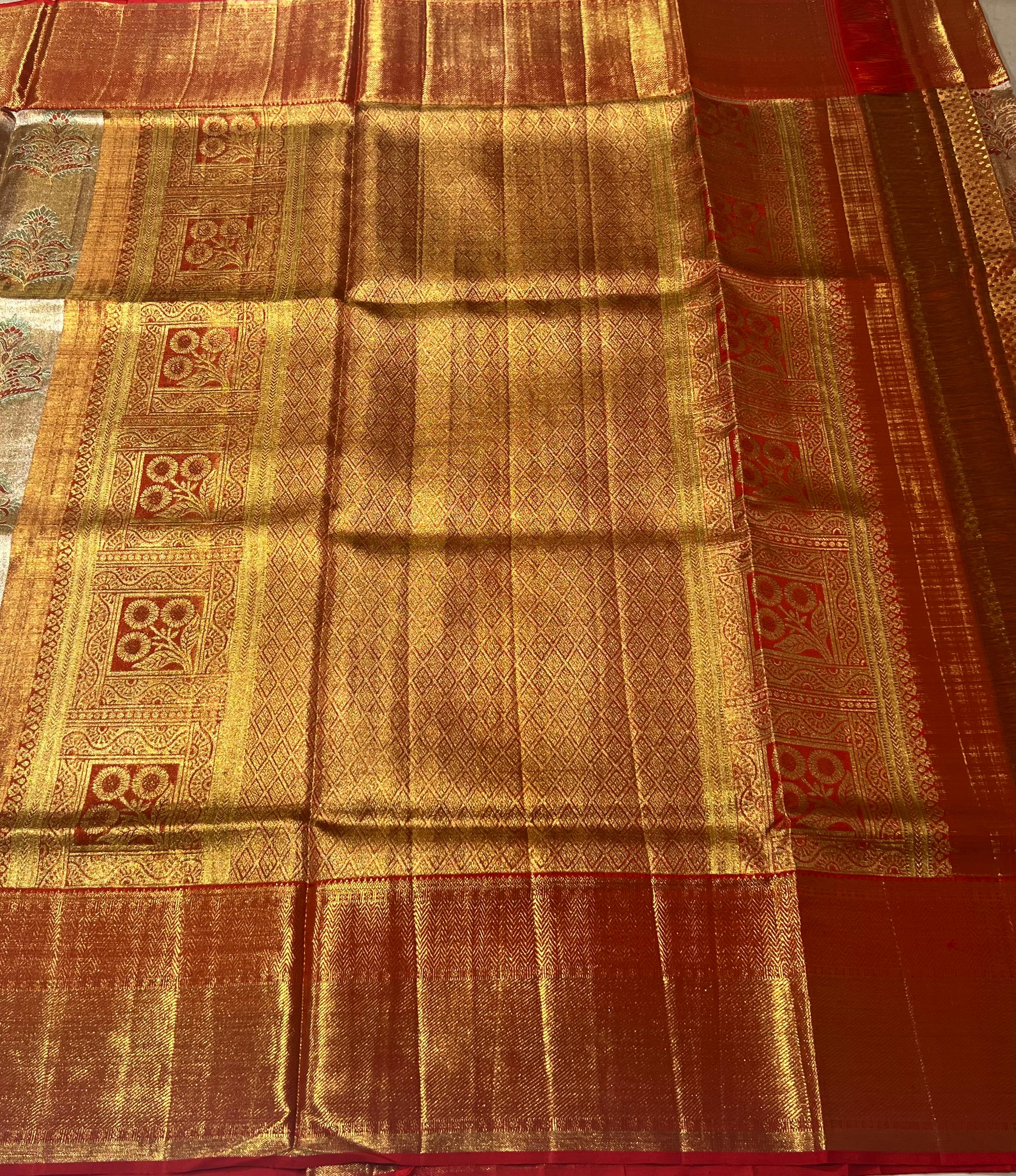 Ivory and red border Kanjeevaram silk saree