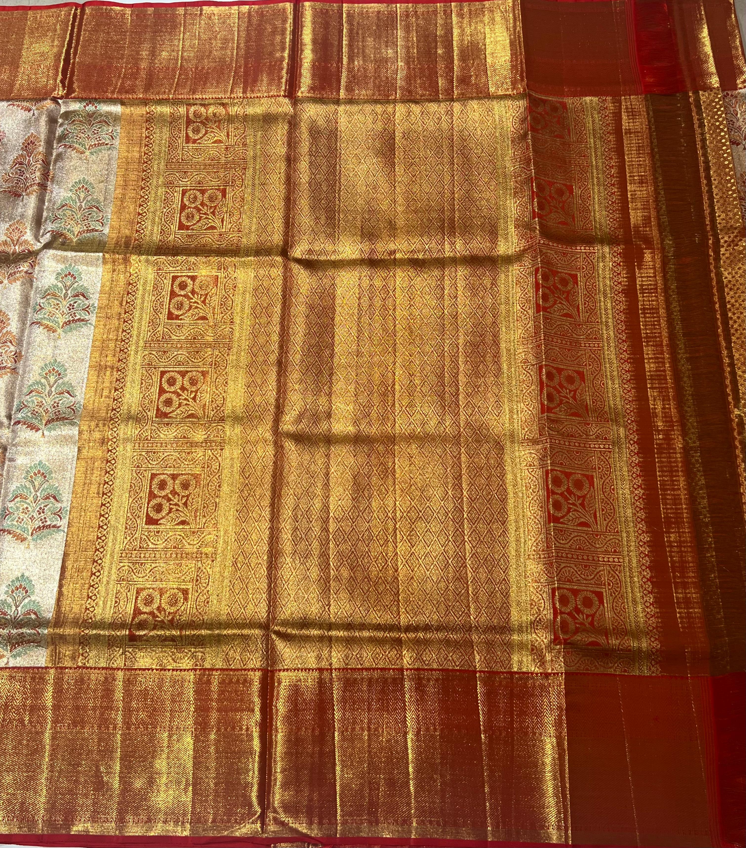 Ivory and red border Kanjeevaram silk saree