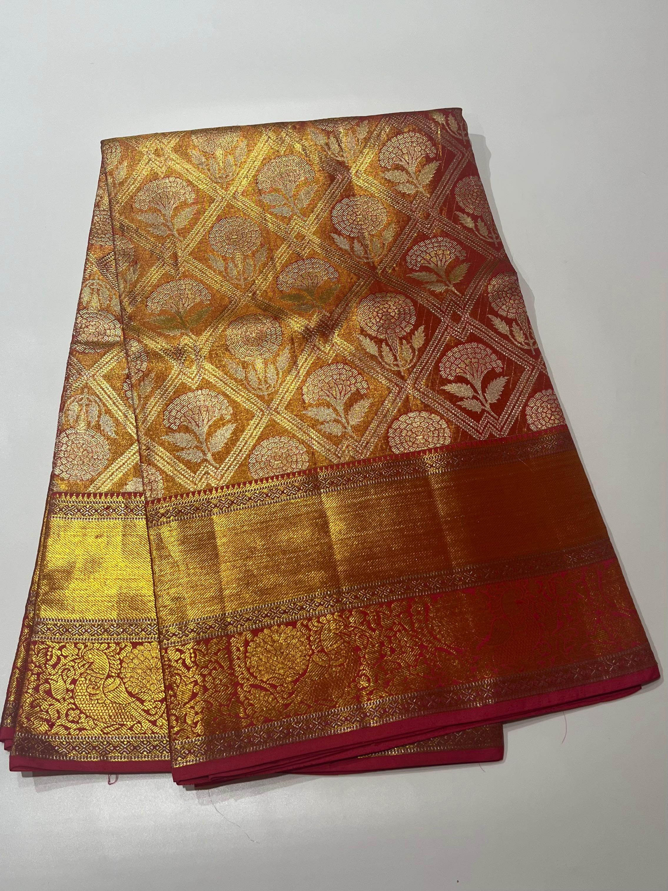 Orange and red golden border Kanjeevaram silk saree