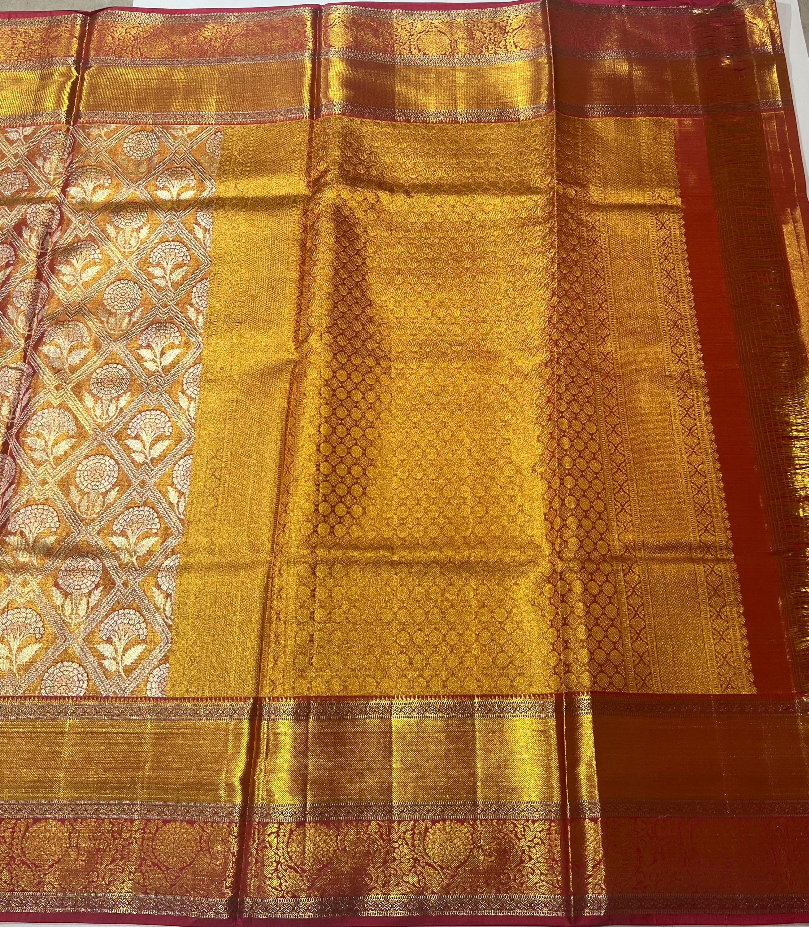 Orange and red golden border Kanjeevaram silk saree