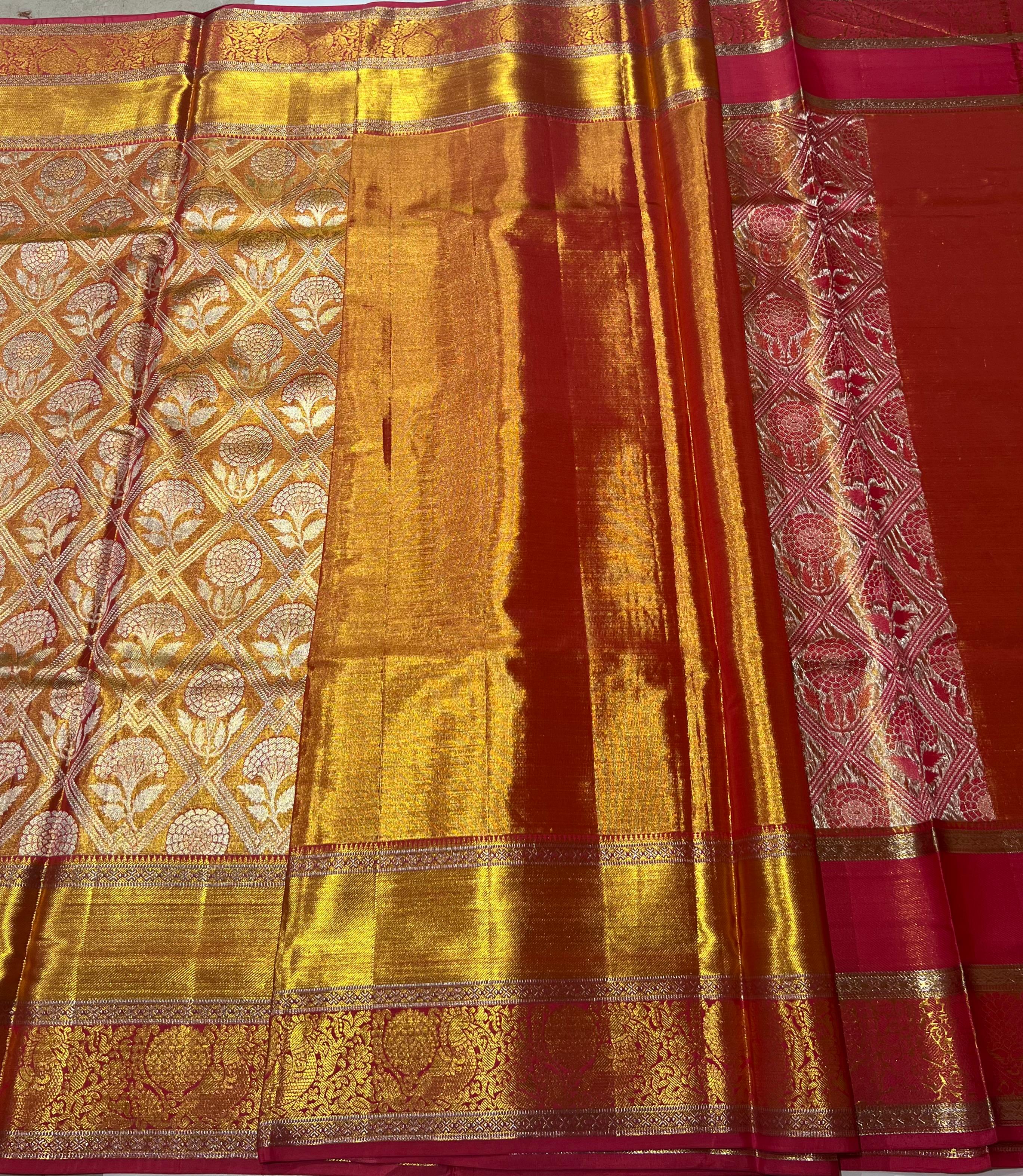 Orange and red golden border Kanjeevaram silk saree