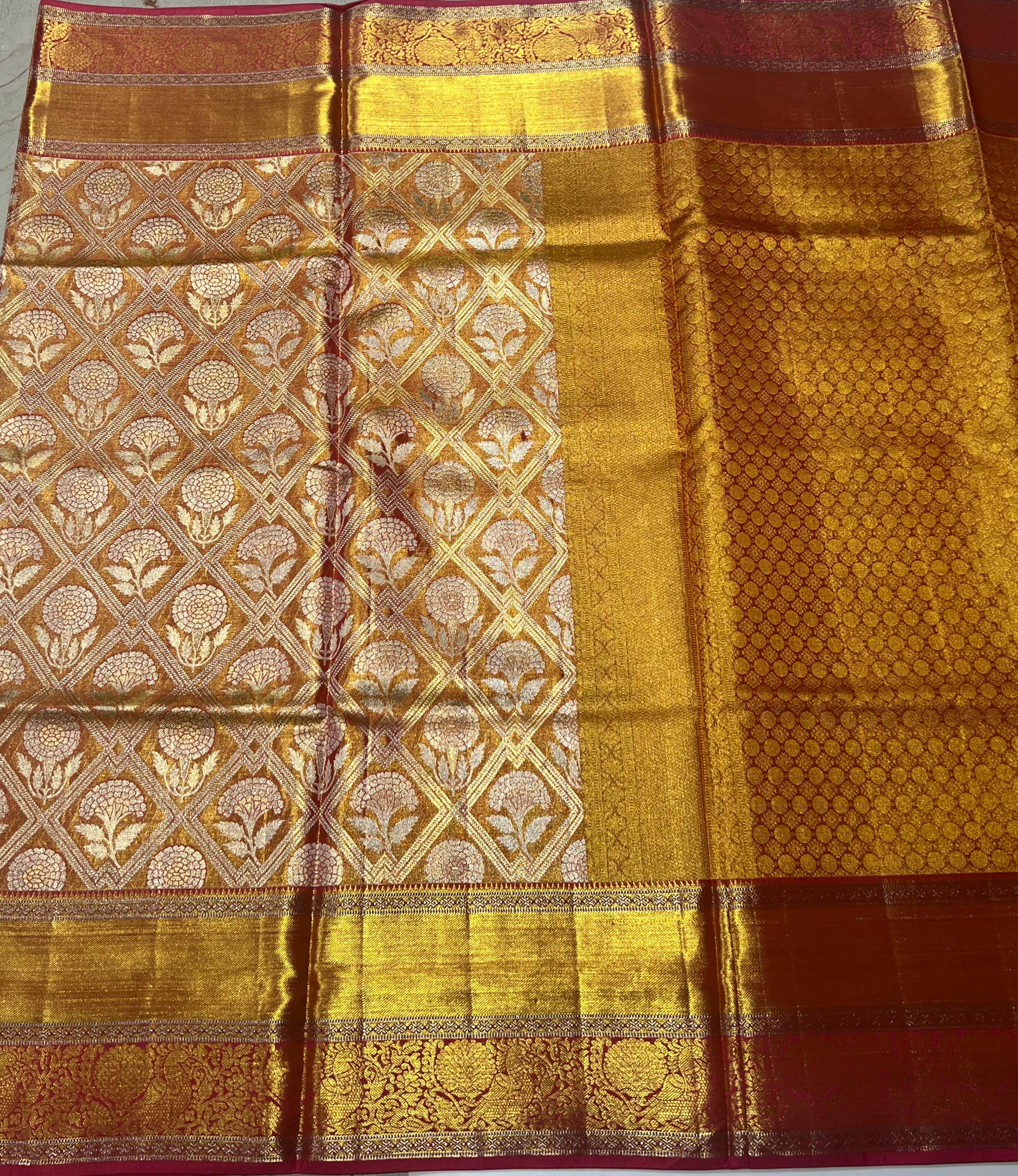 Orange and red golden border Kanjeevaram silk saree