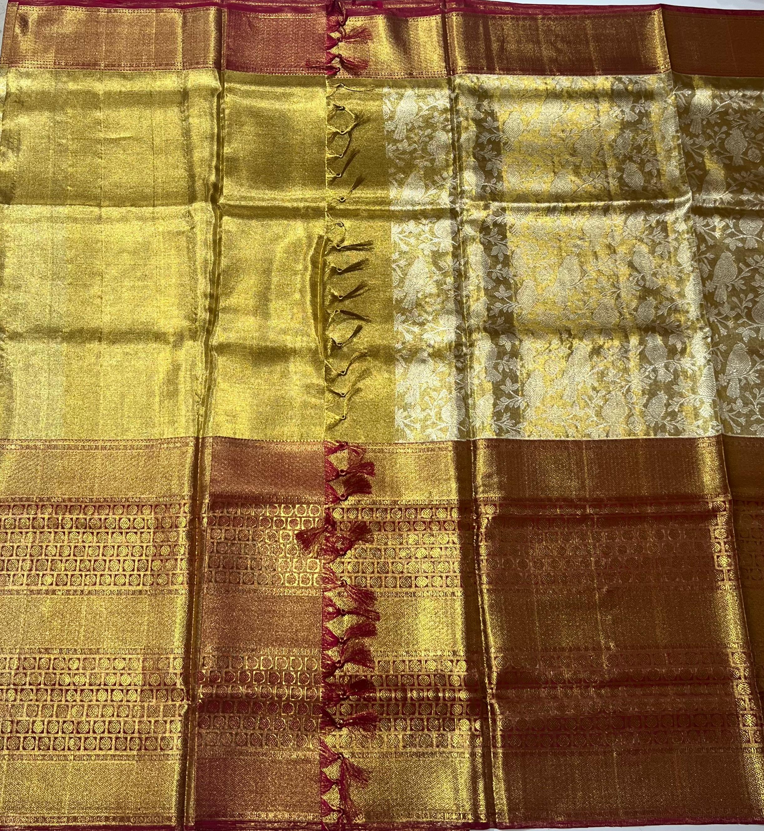 Oldgold and maroon Kanjeevaram silk saree