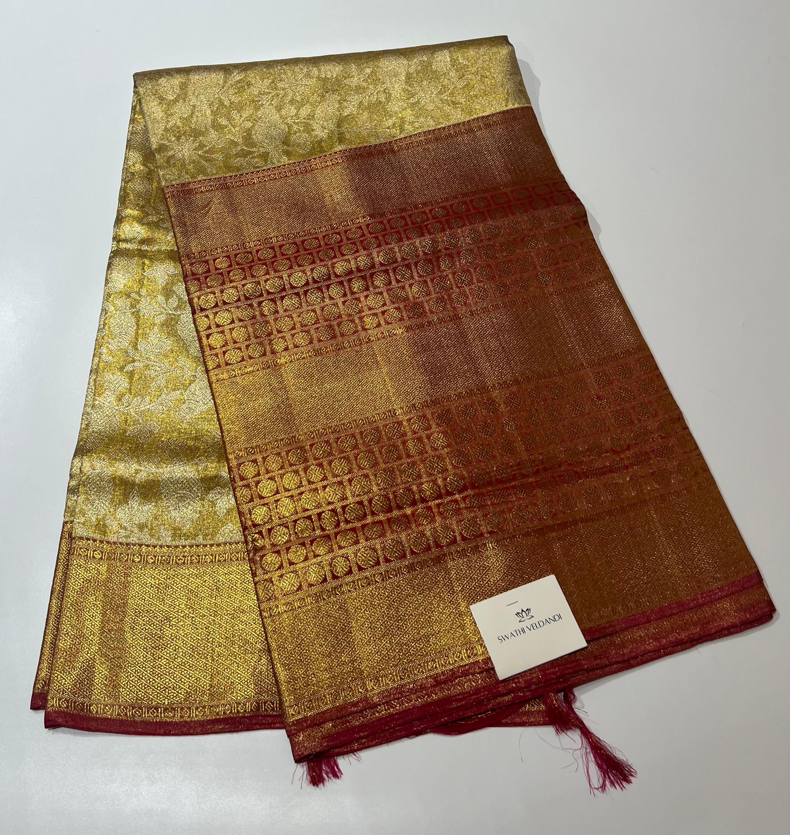 Oldgold and maroon Kanjeevaram silk saree