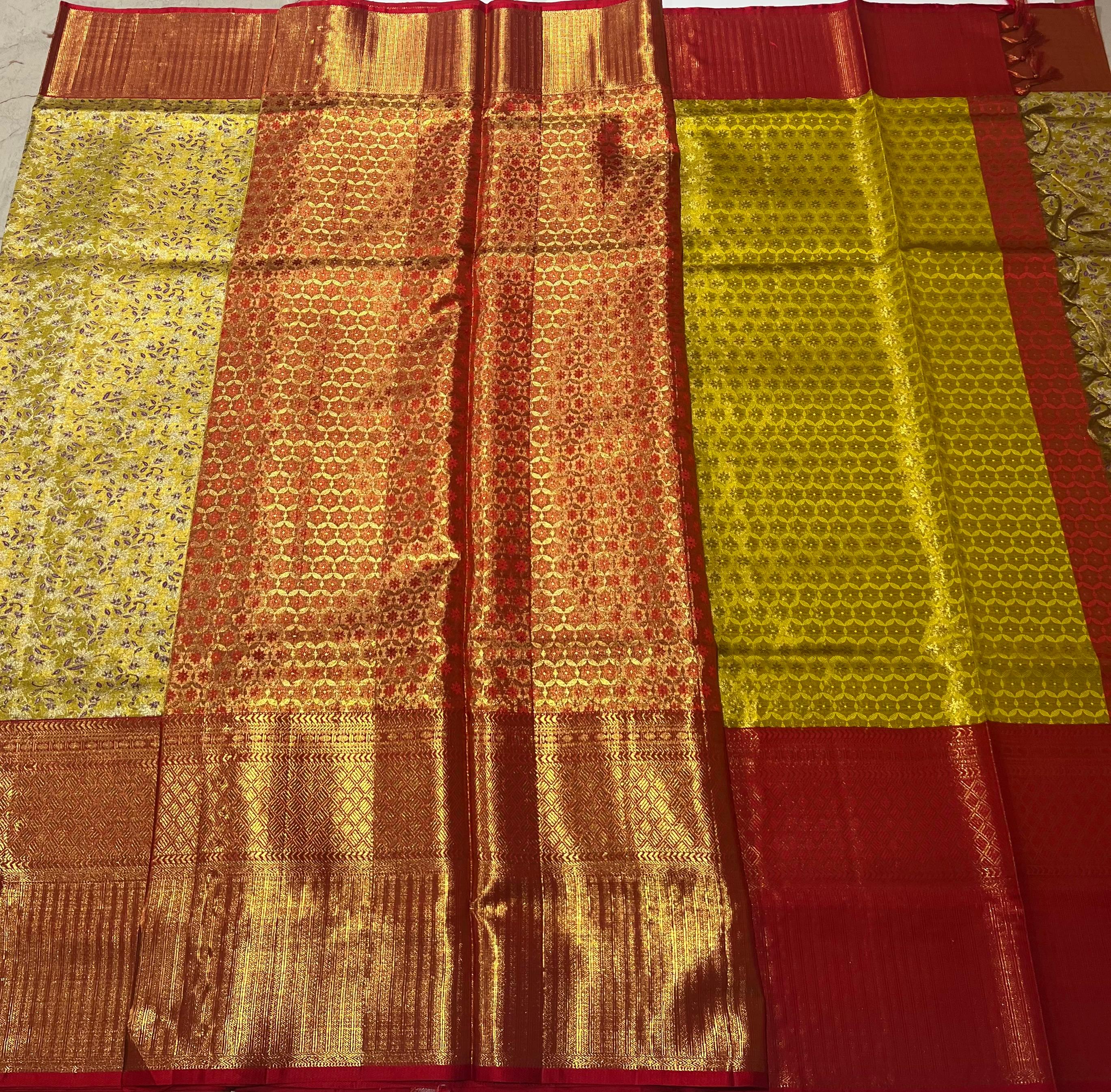 Tea Green and red Kanjeevaram silk saree