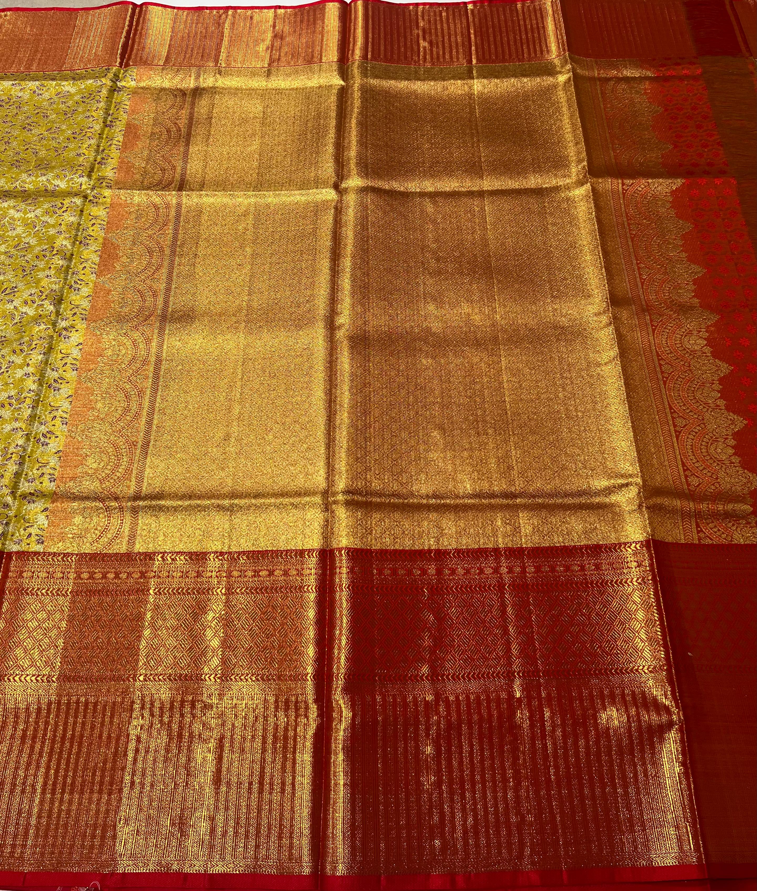 Tea Green and red Kanjeevaram silk saree