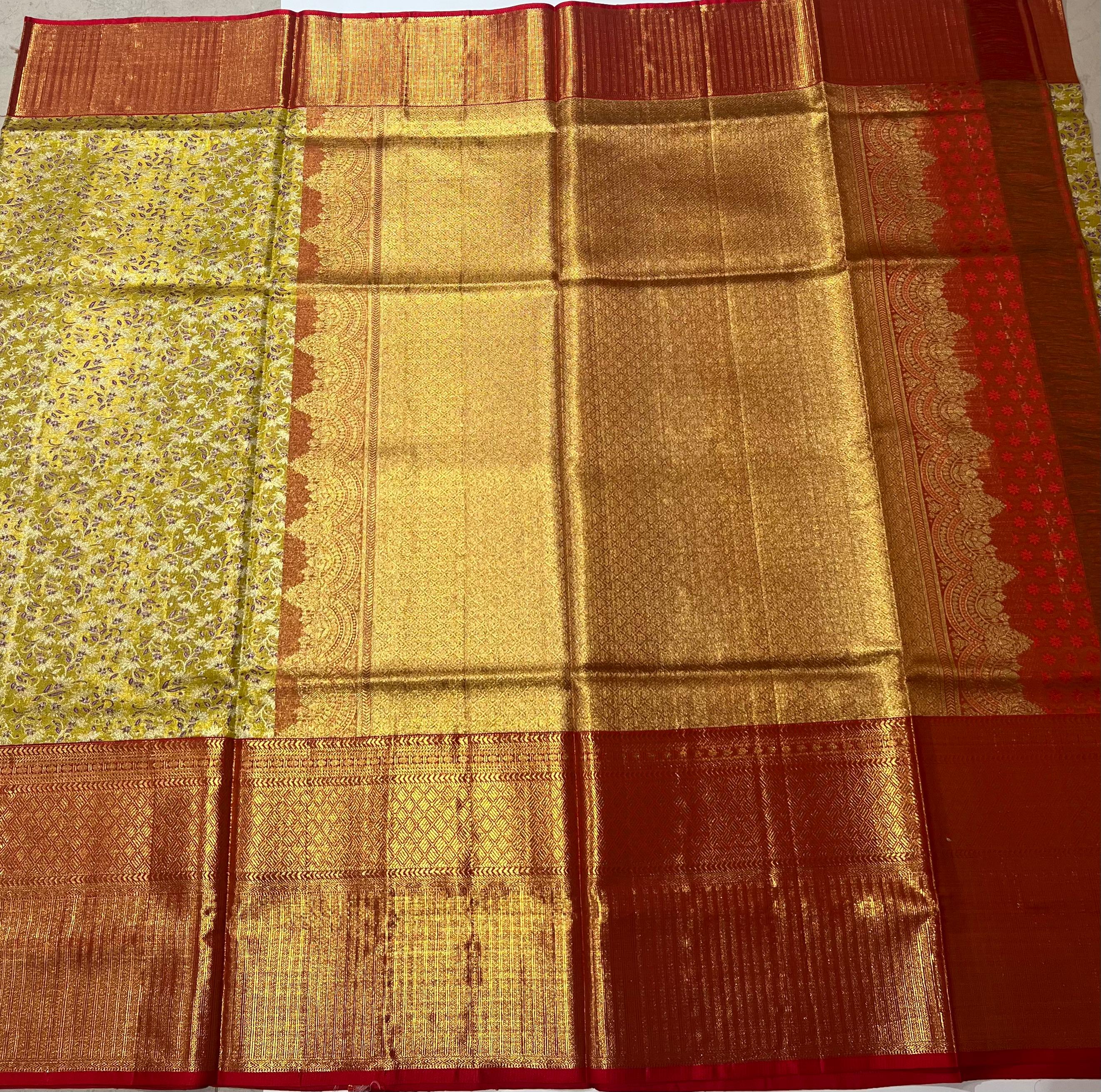 Tea Green and red Kanjeevaram silk saree